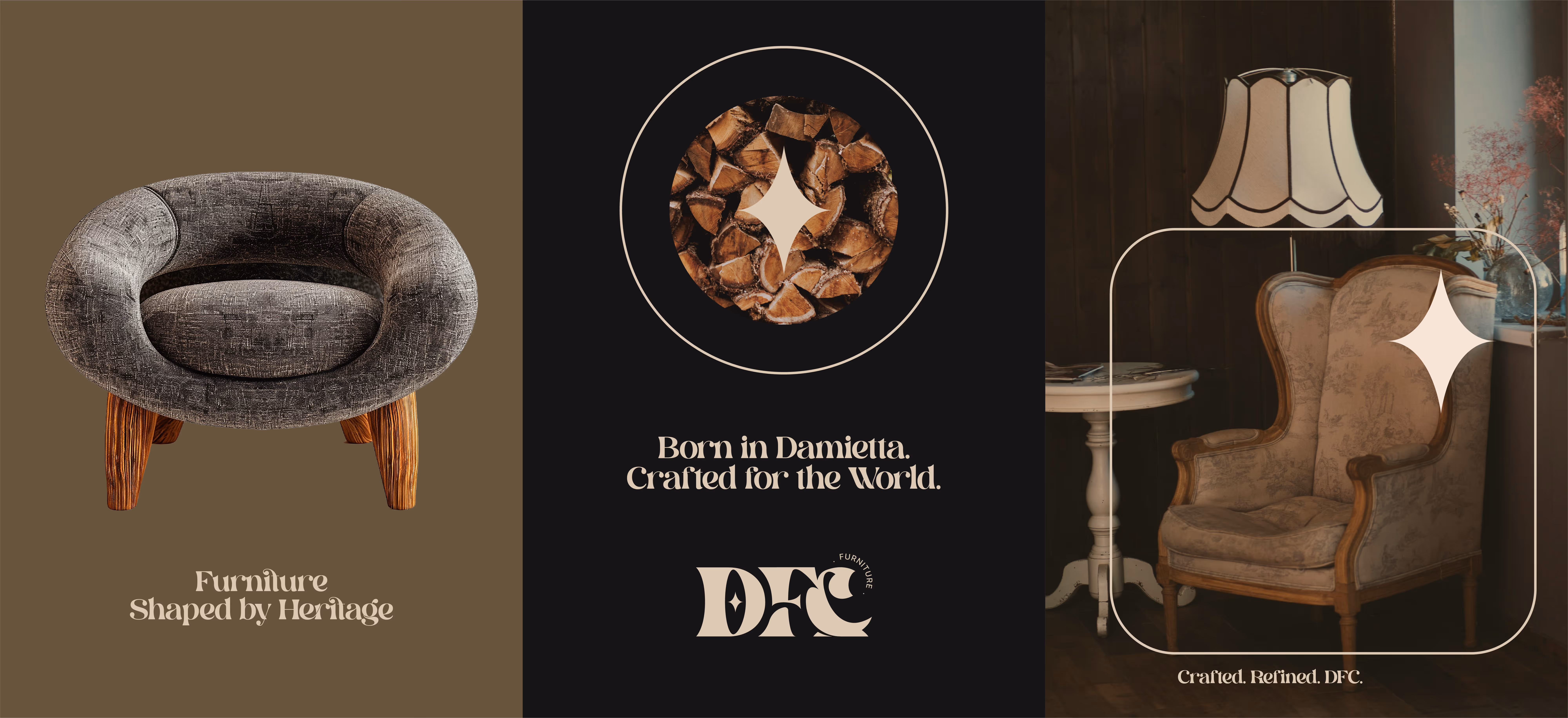 Three panels showing crafted furniture: a modern chair, wood logs with DFC text, and a vintage armchair by a lamp.