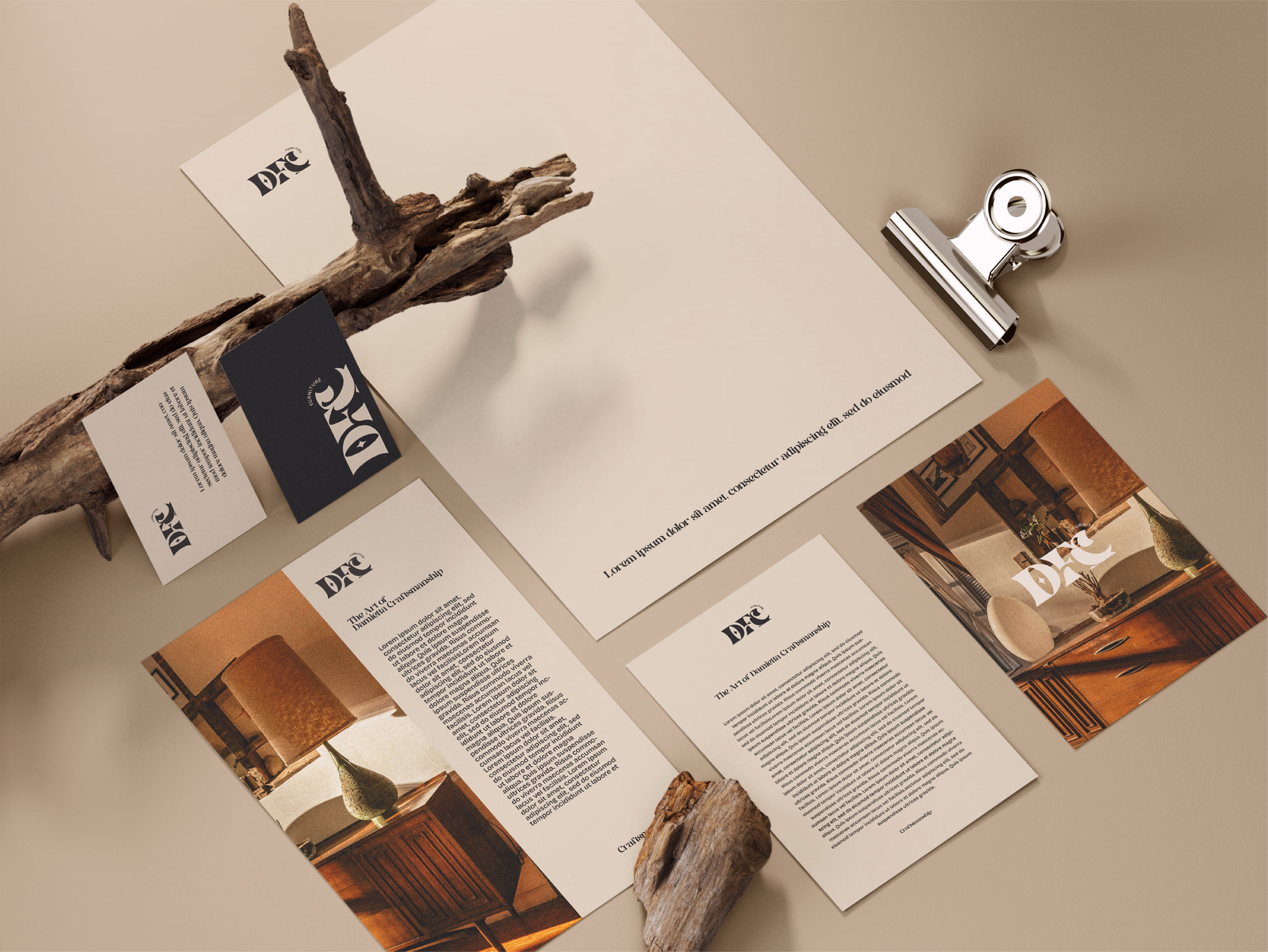 Branding set with DFC logo on cards, a letterhead, brochures, and wooden decor on a beige surface.