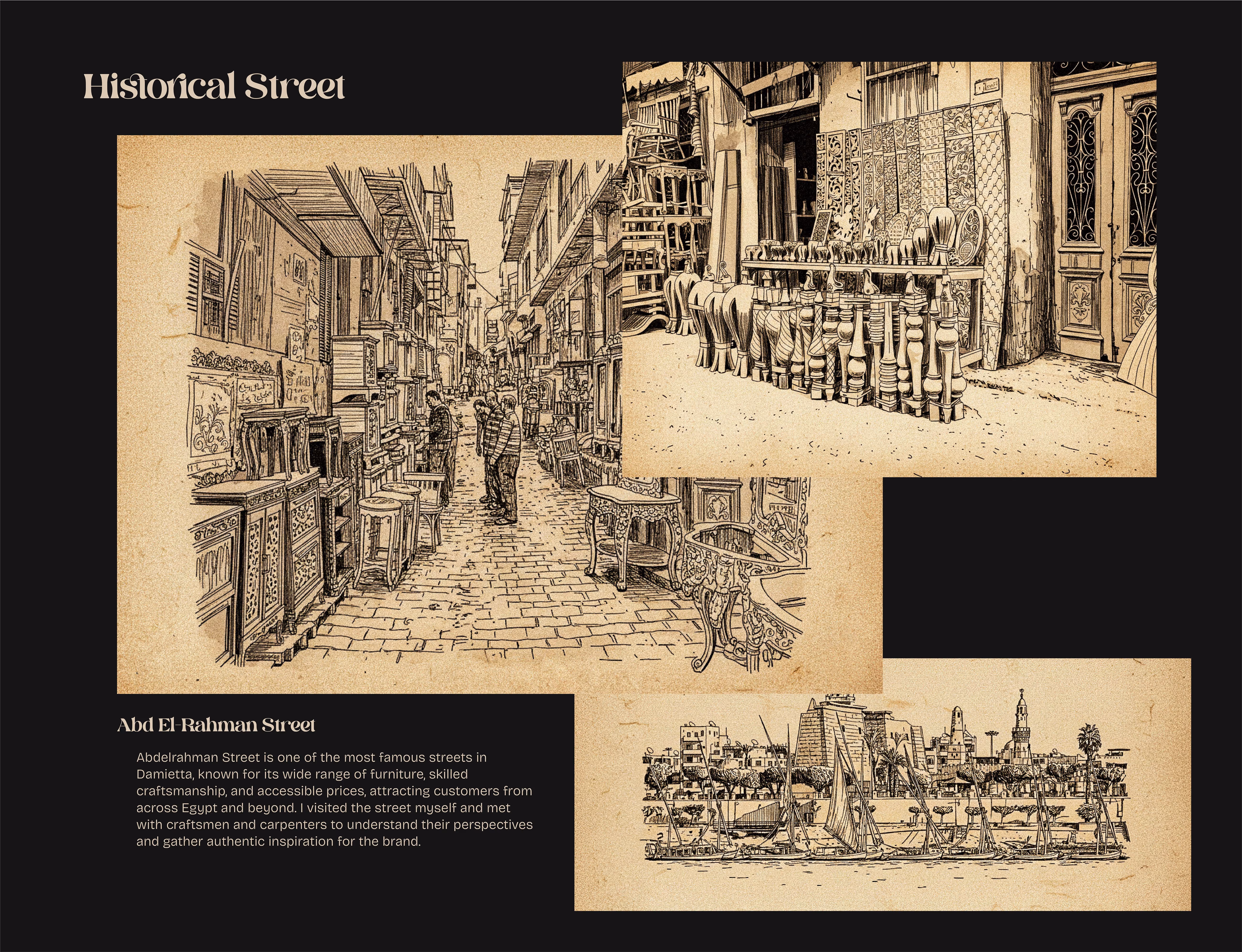 Sketches of Abd El-Rahman Street in Damietta showing furniture stalls, wooden craftsmanship, and sailing boats on the river.