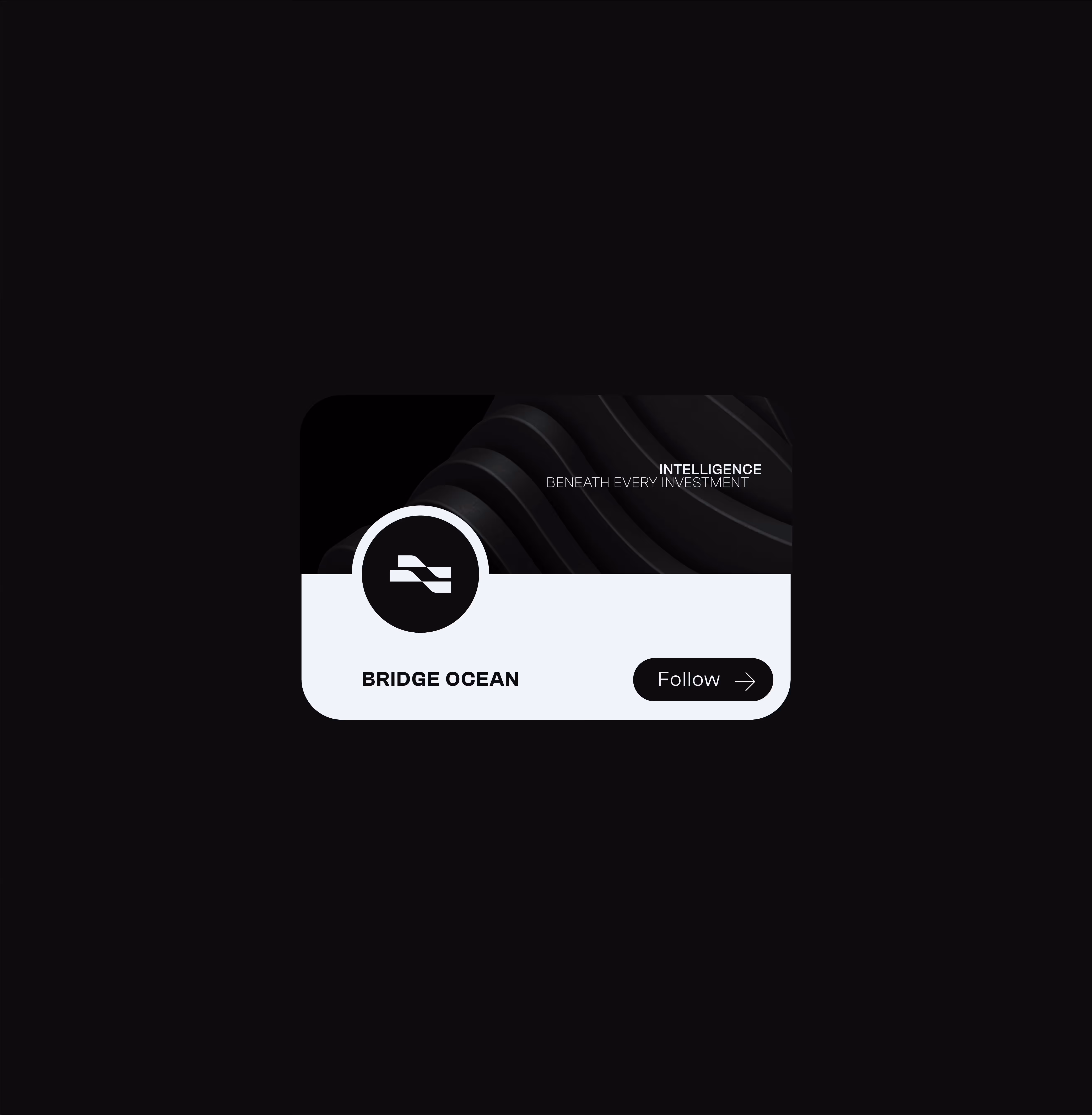 Social media card with black and white abstract background, Bridge Ocean logo, and Follow button.