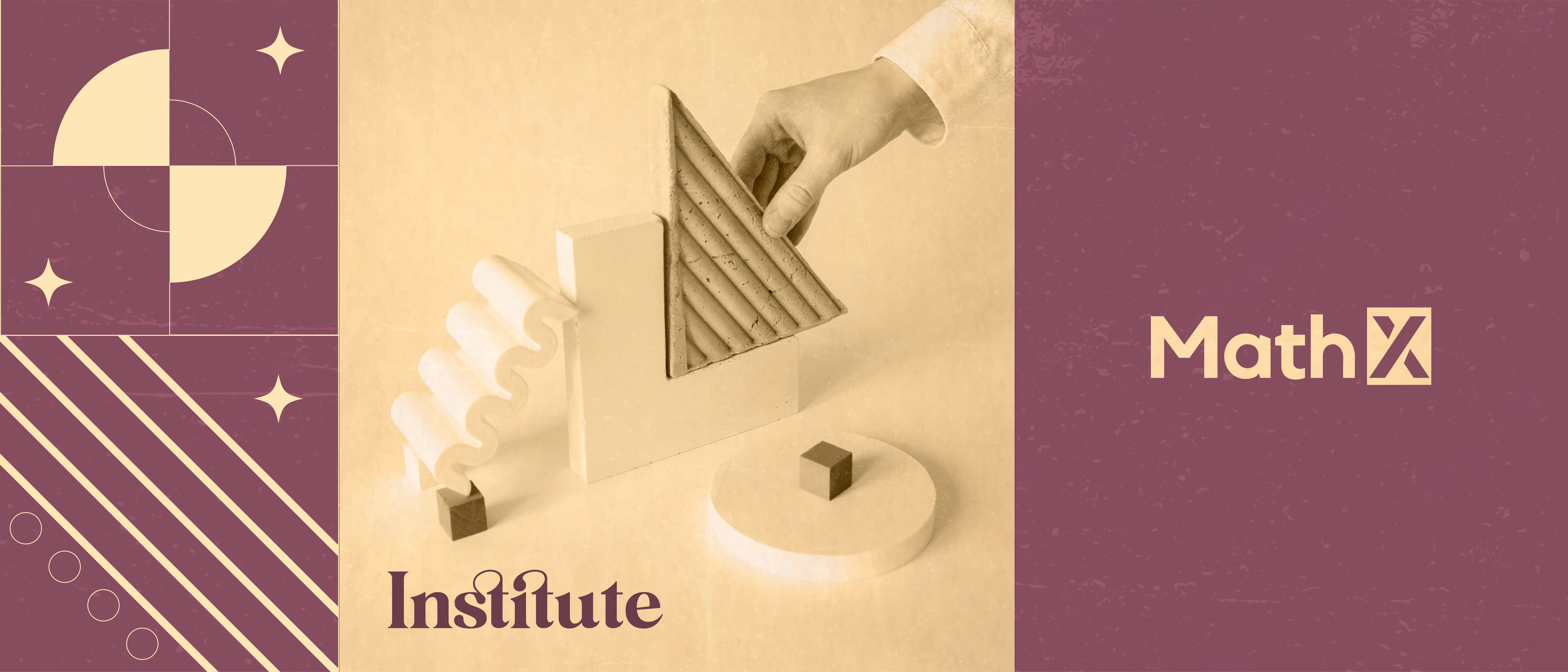 Hand holding a textured triangular block among geometric shapes with text 'Institute' and 'MathX' logo.