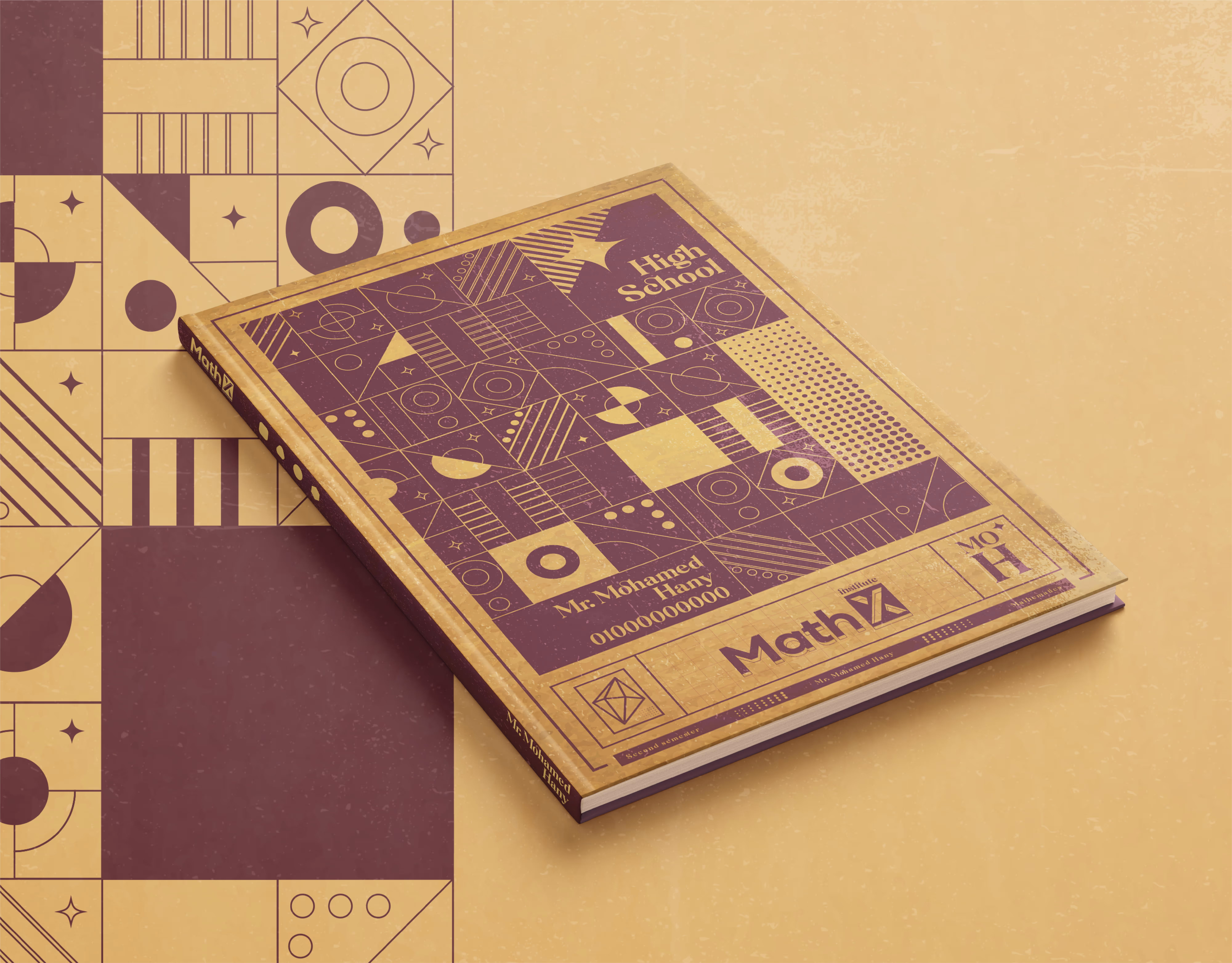 High school math book with geometric shapes and patterns on a textured background.