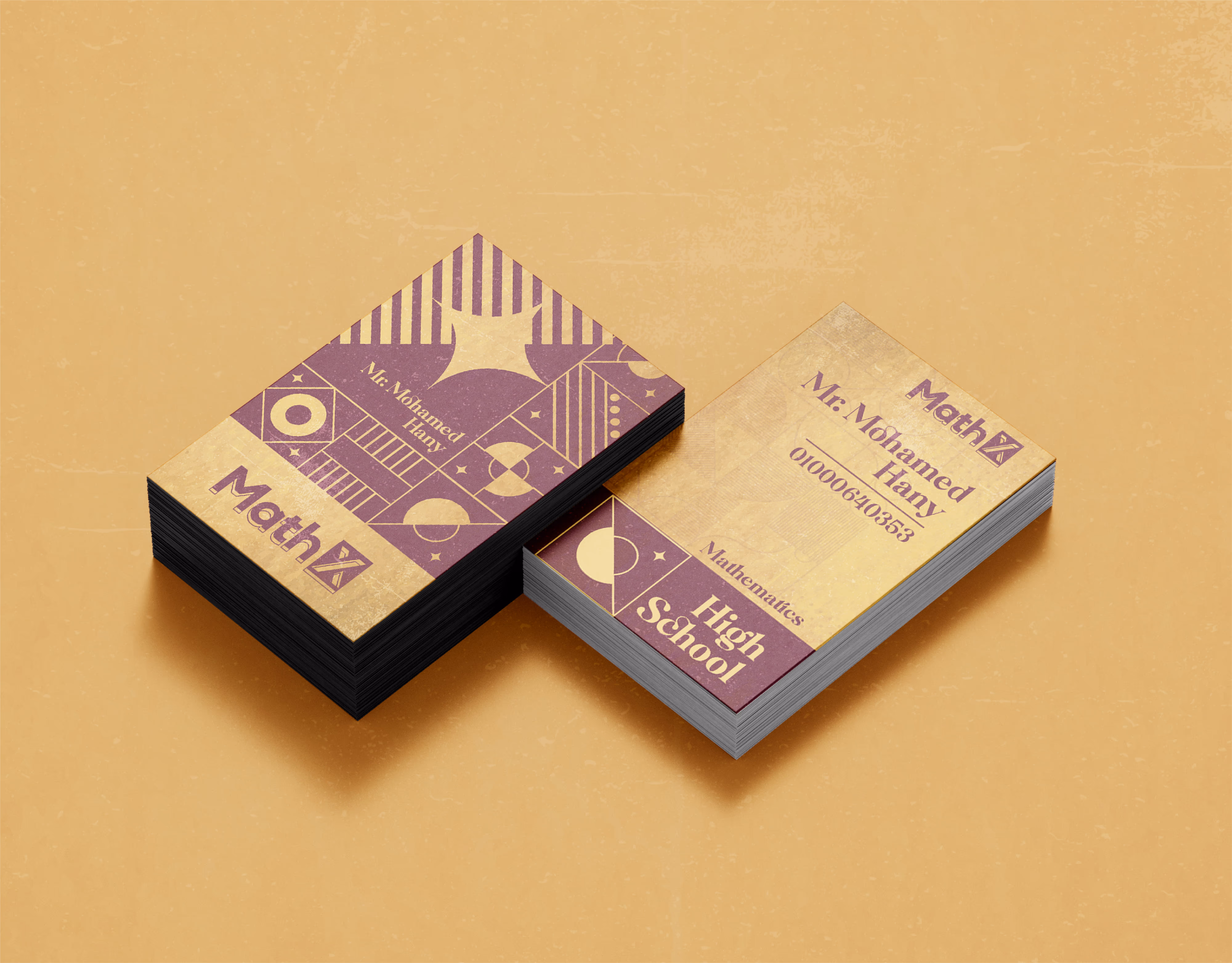 Two stacks of vintage-style business cards for Mr. Mohamed Hany, a high school math teacher.