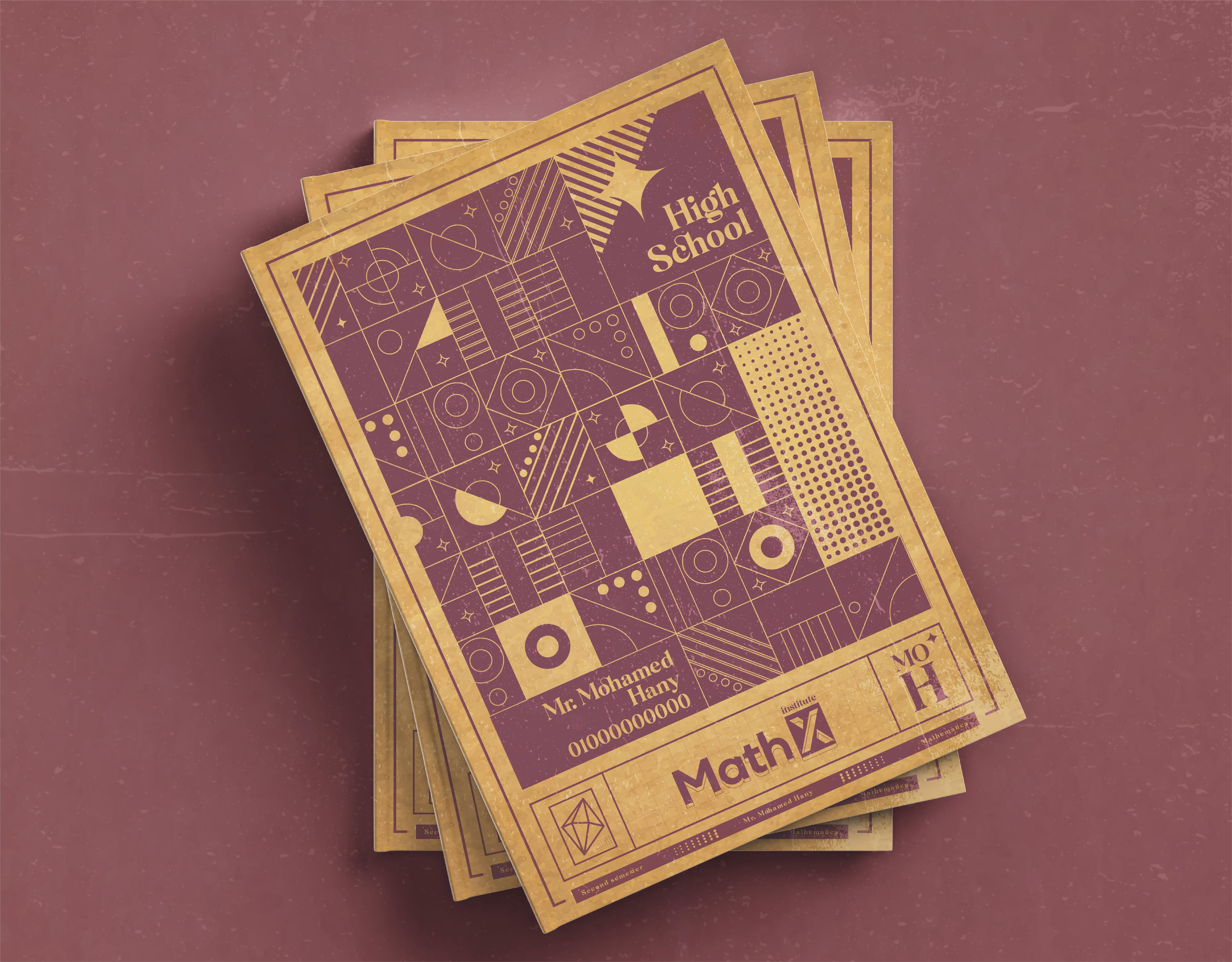 Stack of vintage-style high school MathX booklets with geometric patterns and gold-purple color.