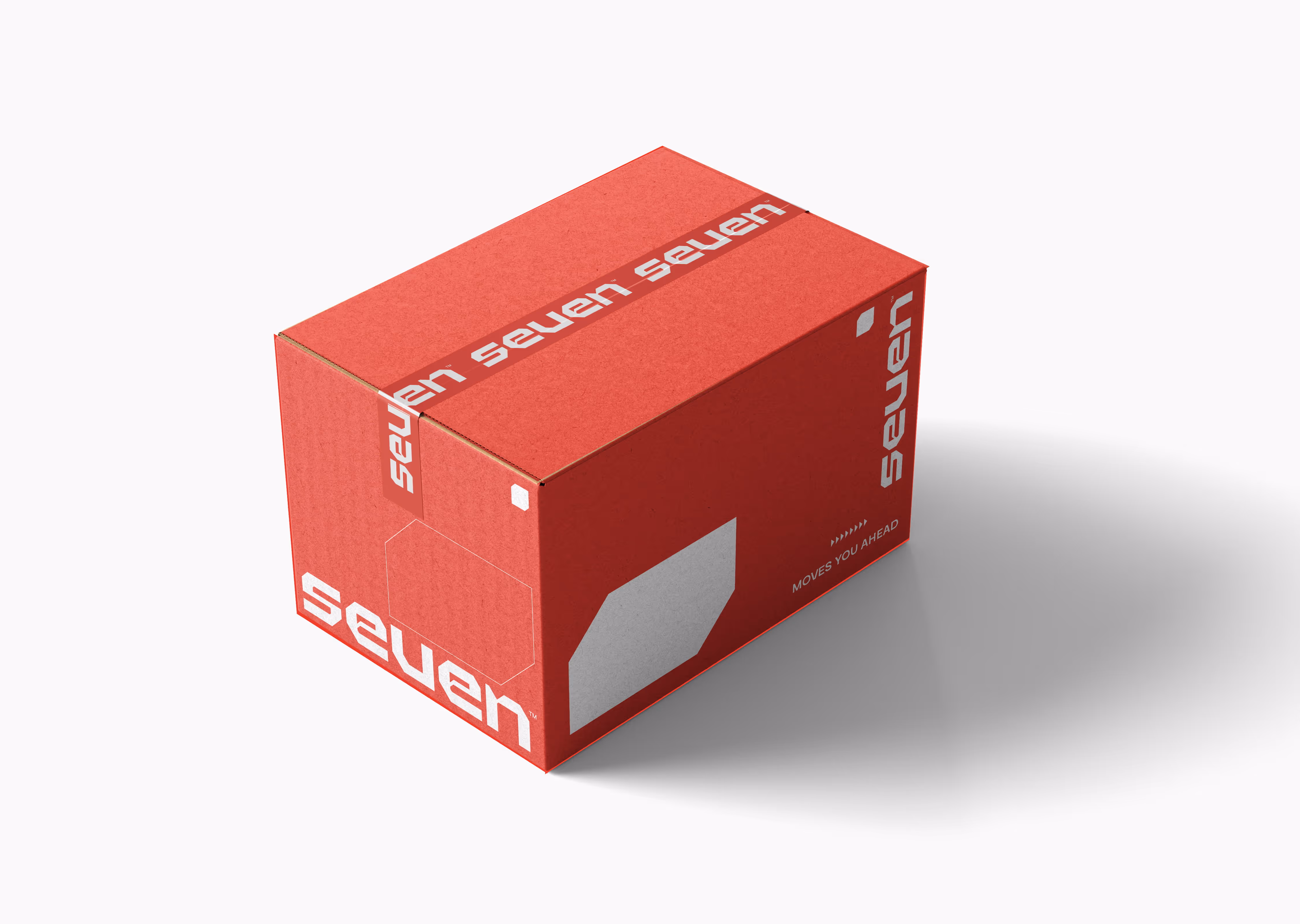 Red shipping box with white text reading 'seven' and a slogan 'moves you ahead' on a white background.