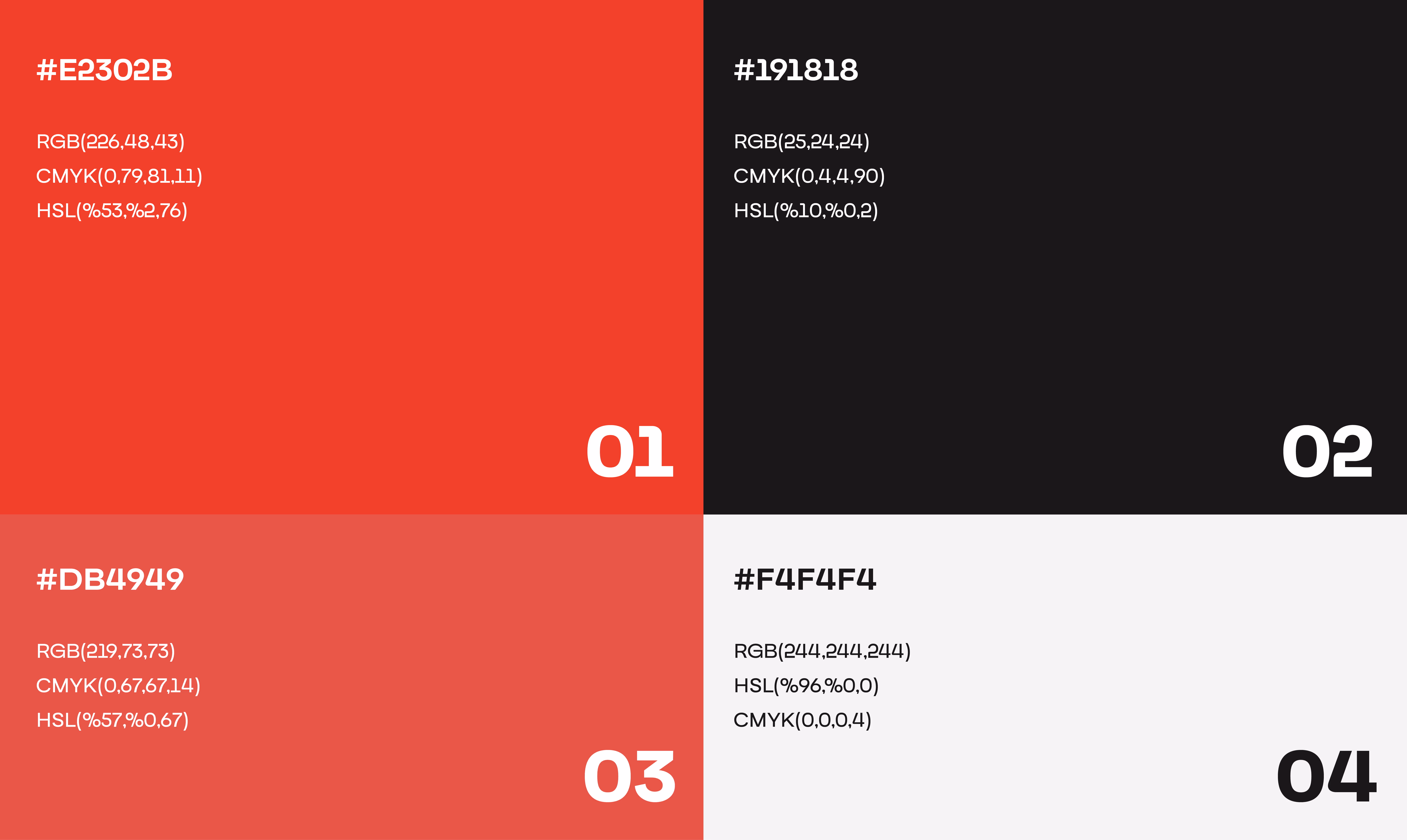 Color palette with red, black, coral, and off-white blocks showing hex, RGB, CMYK, and HSL codes.