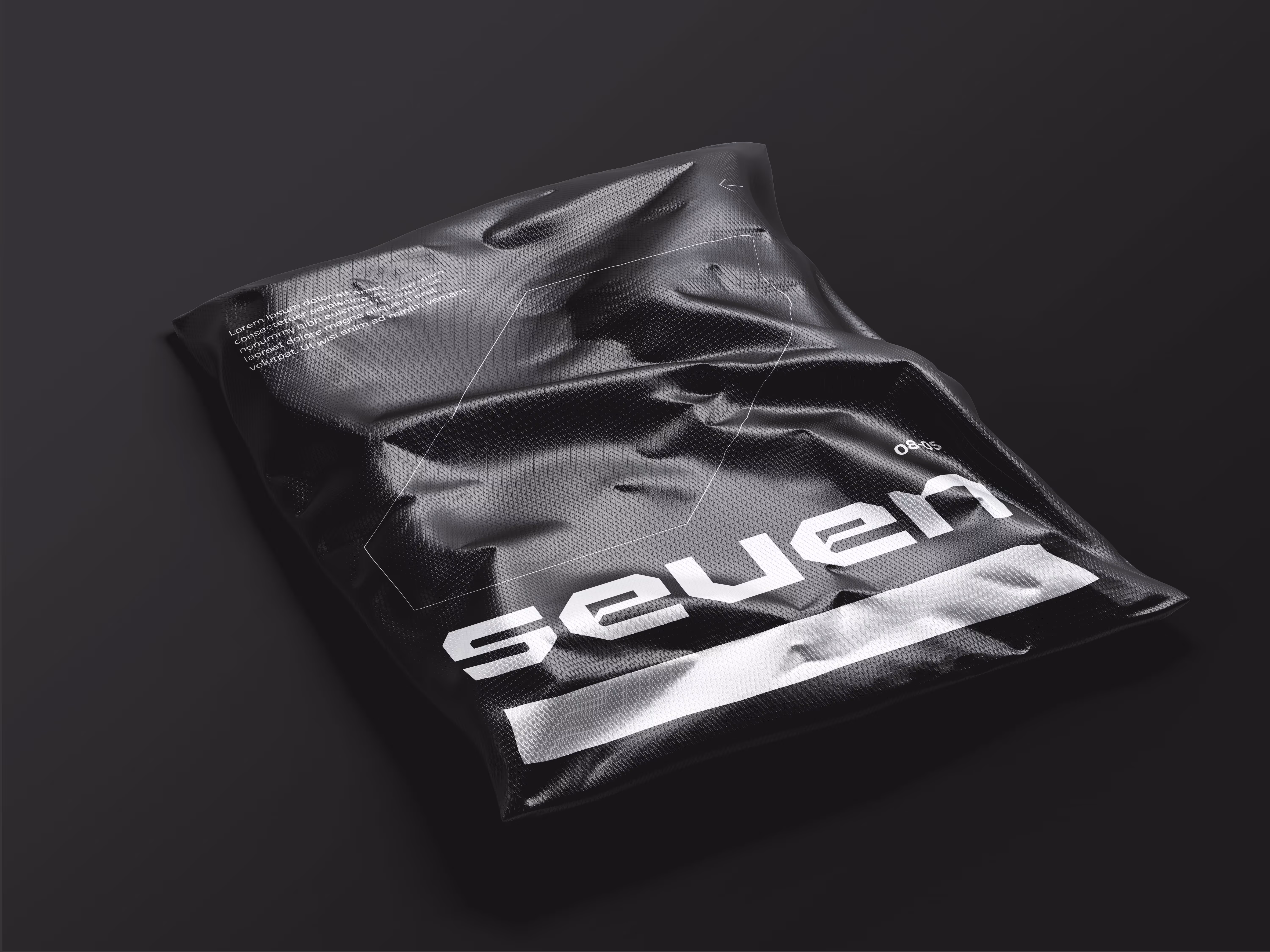 Black metallic pouch with white text 'seven' and geometric design on a dark background.
