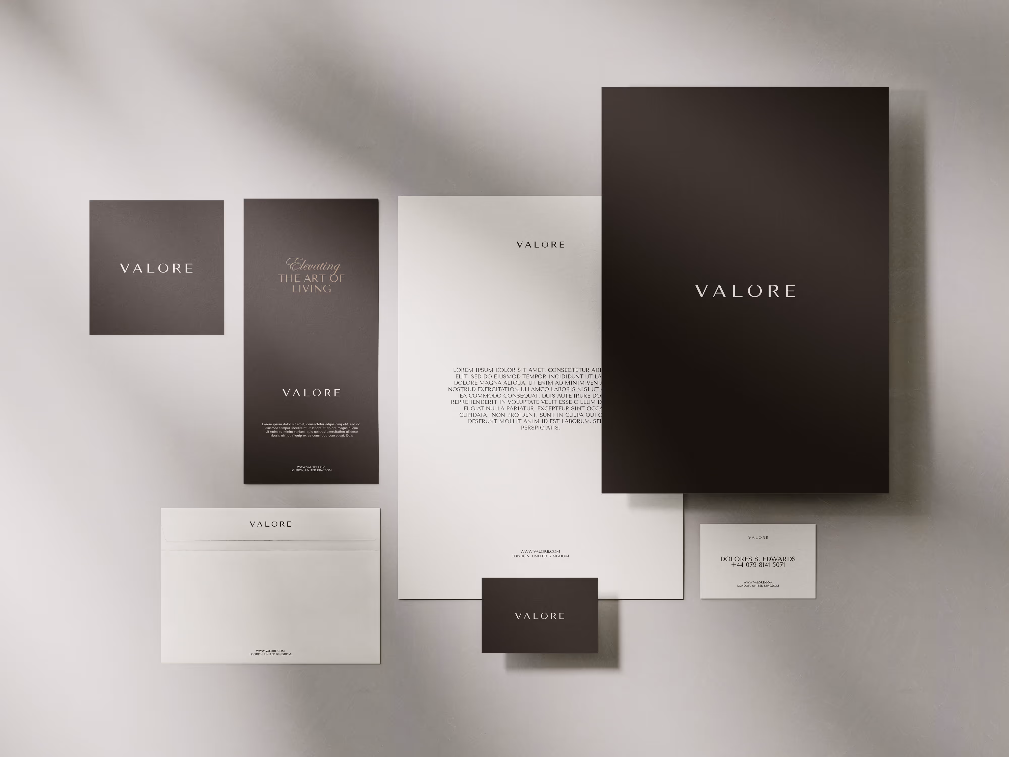 Minimalist Valore branded stationery set with envelopes, business card, letterhead, and folder.