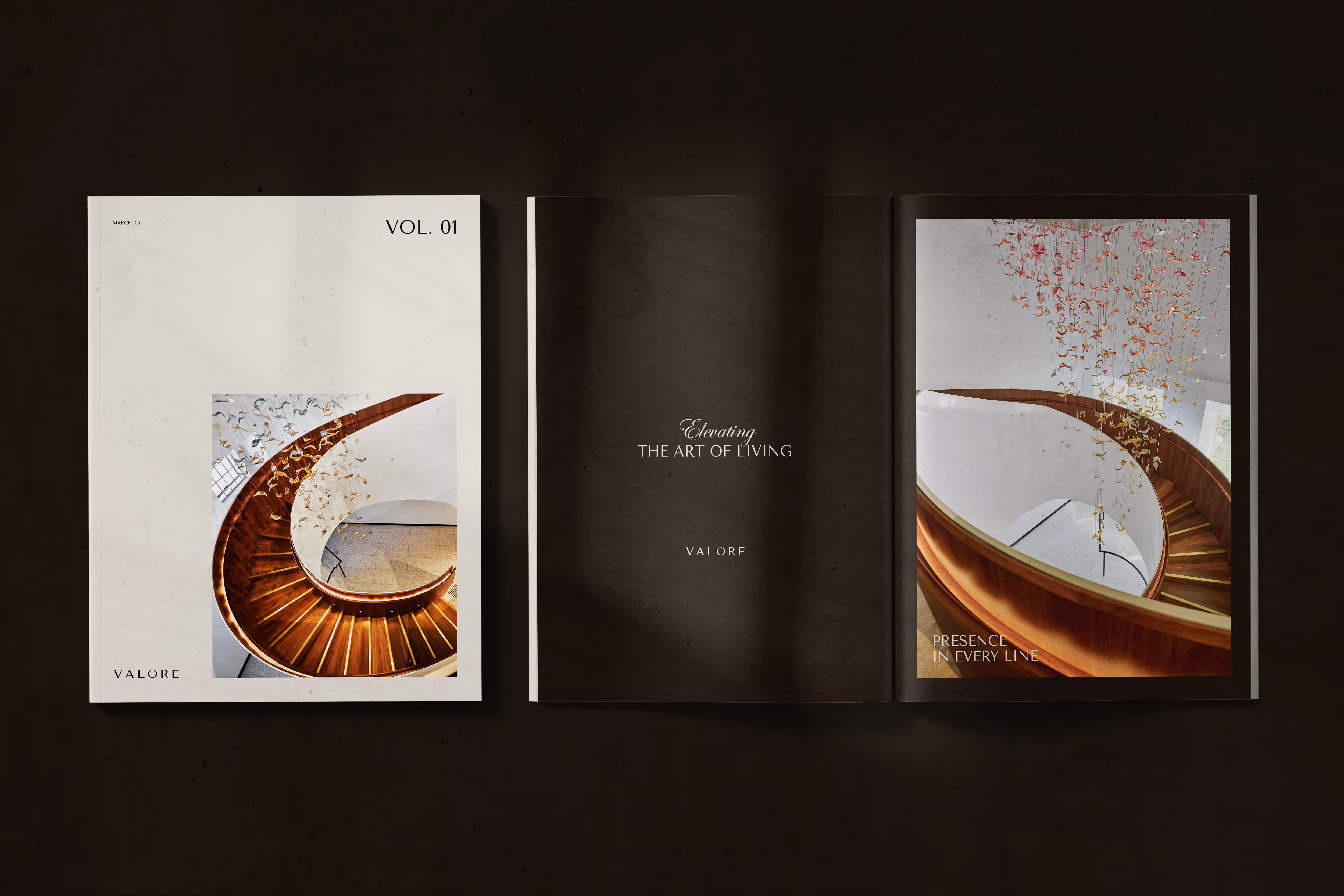 Magazine layout showing a wooden spiral staircase with hanging decorations from top view.