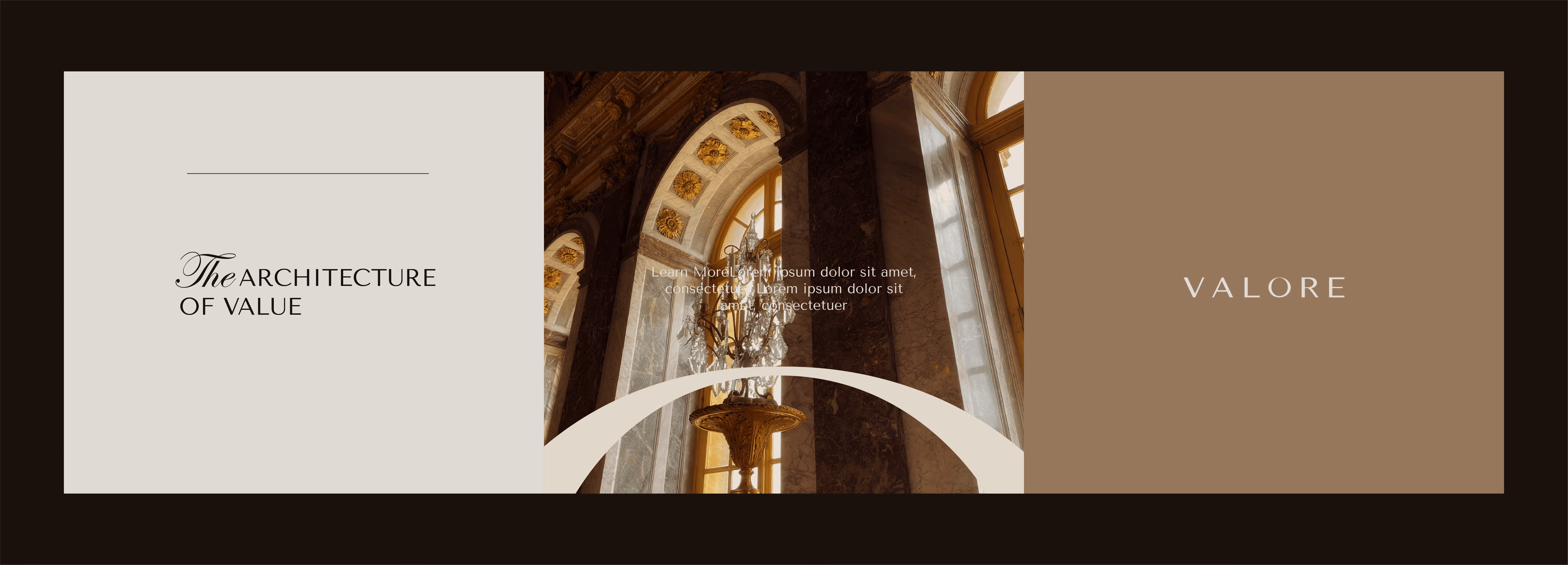 Elegant chandelier in arched window with text 'The architecture of value' and brand name Valore.