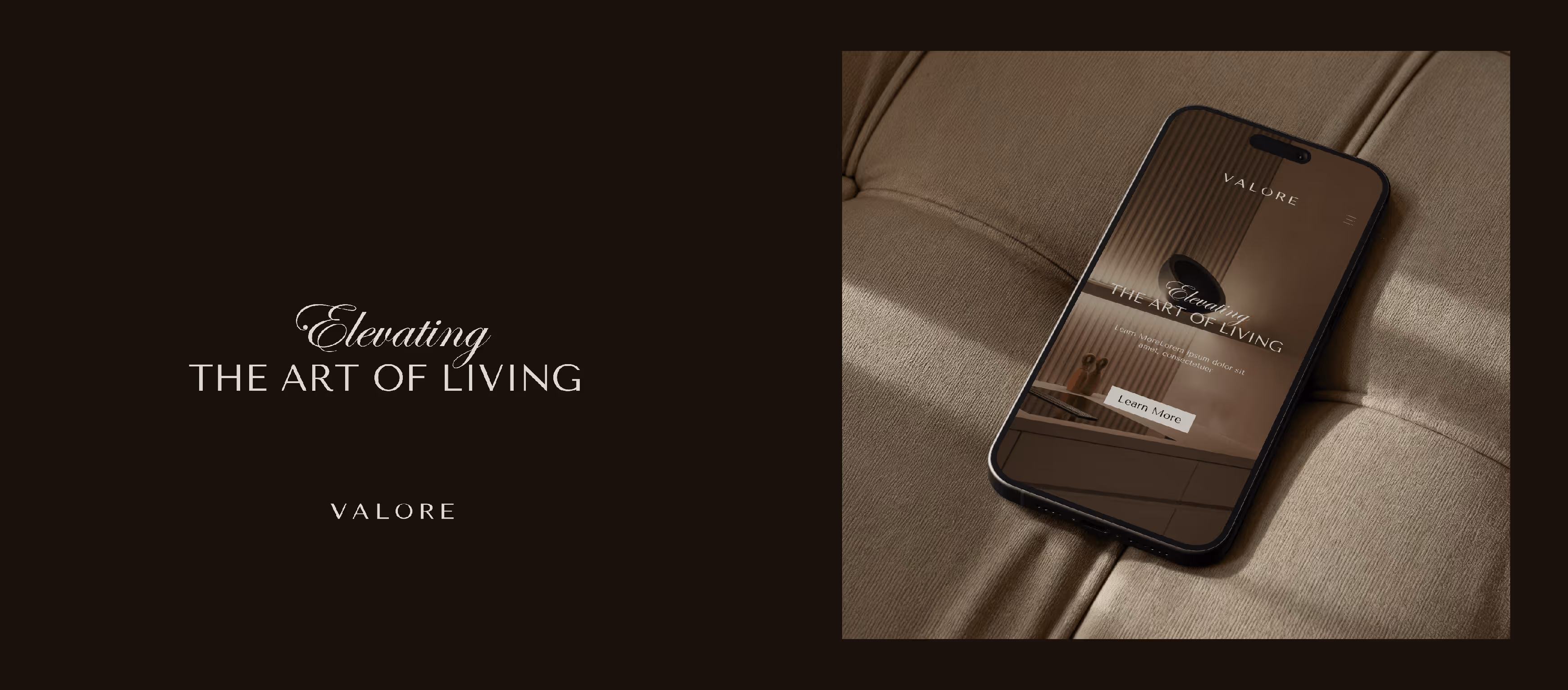 Smartphone on beige fabric showing Valore website with text Elevating the Art of Living and a Learn More button.