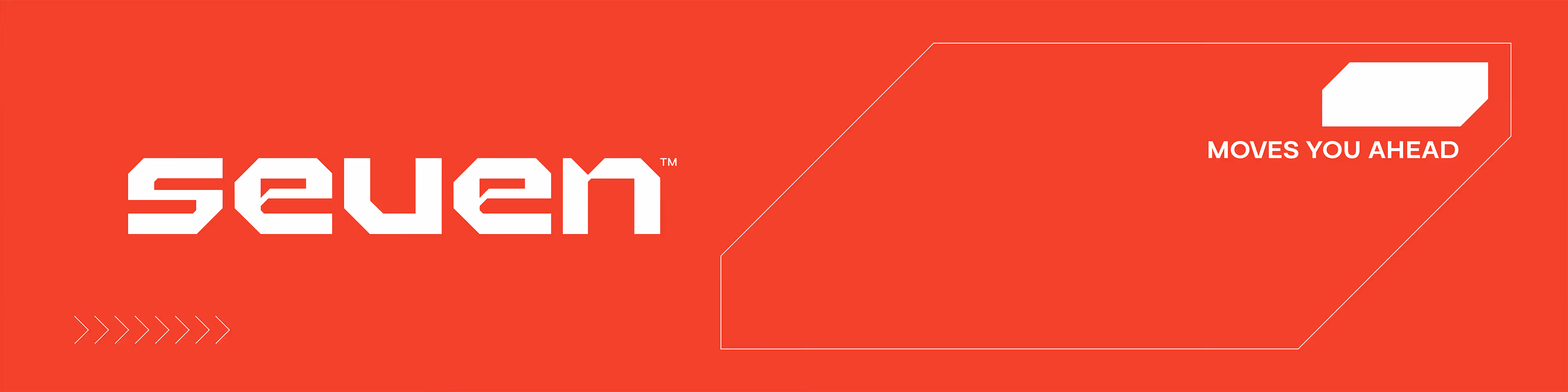White stylized word 'seven' and tagline 'Moves you ahead' on a red background with geometric shapes.
