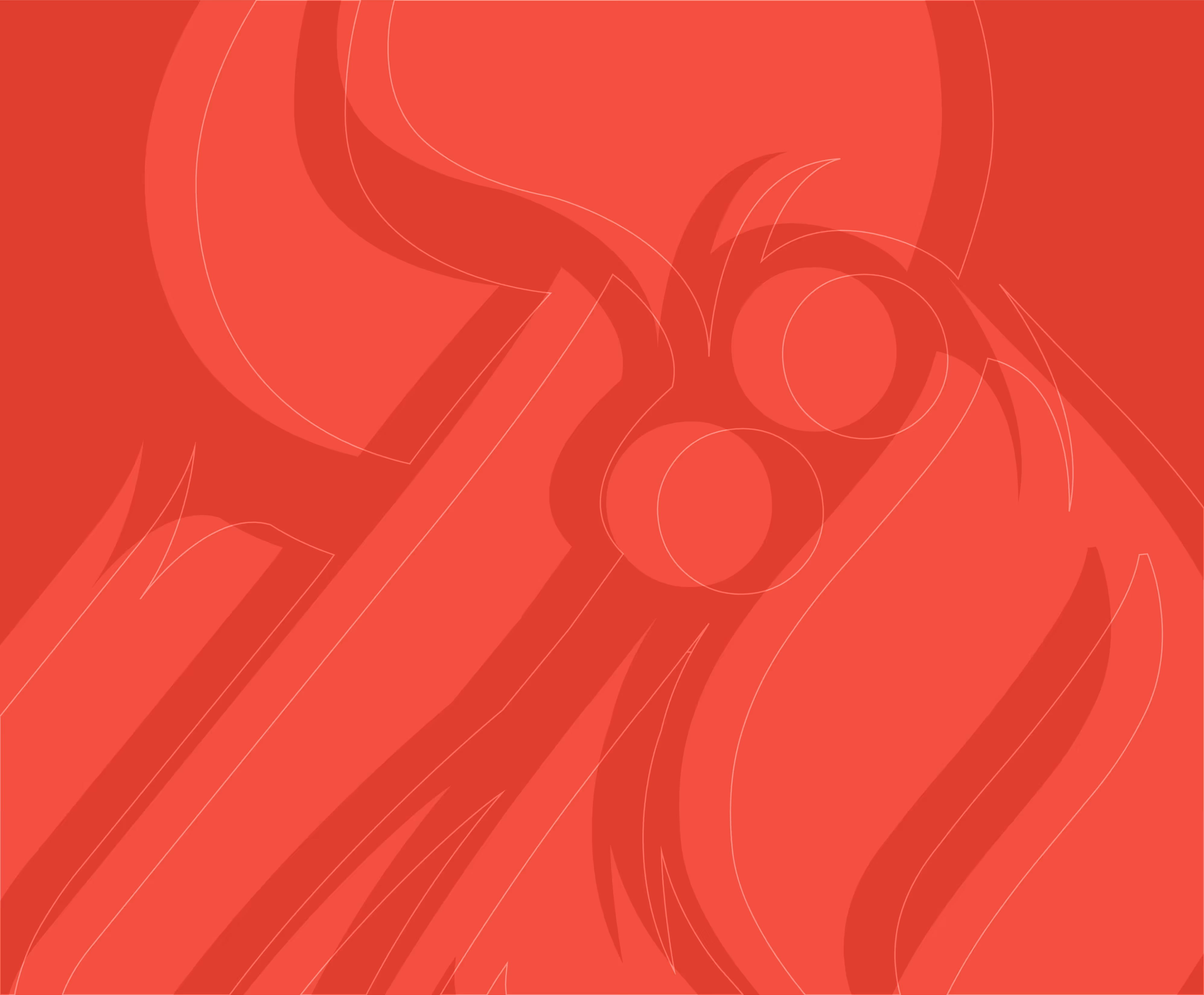 Red abstract design featuring curved and sharp lines with circular shapes in varying shades of red.