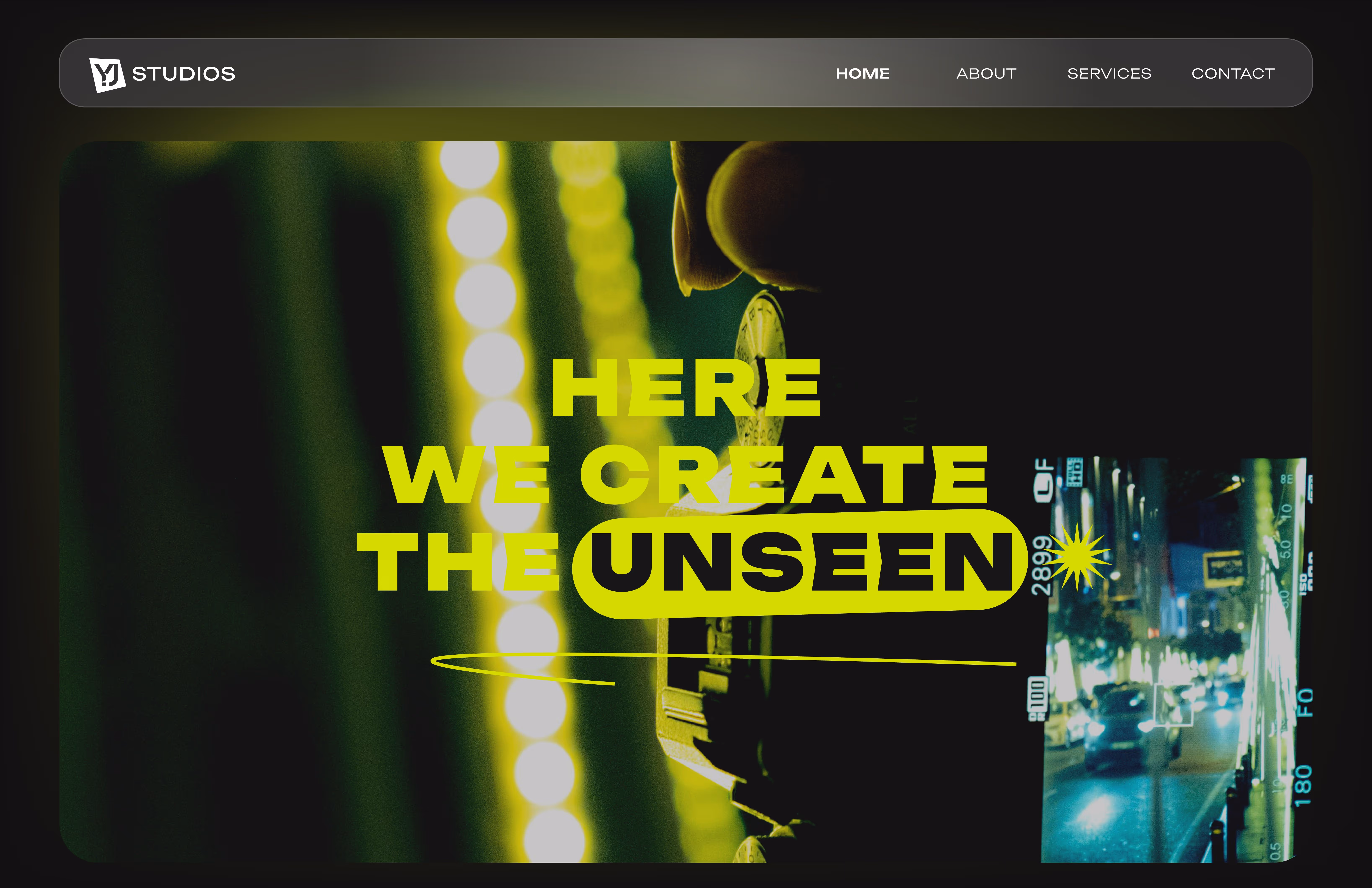 Website header with navigation and bold text 'Here we create the unseen' over city night photo.