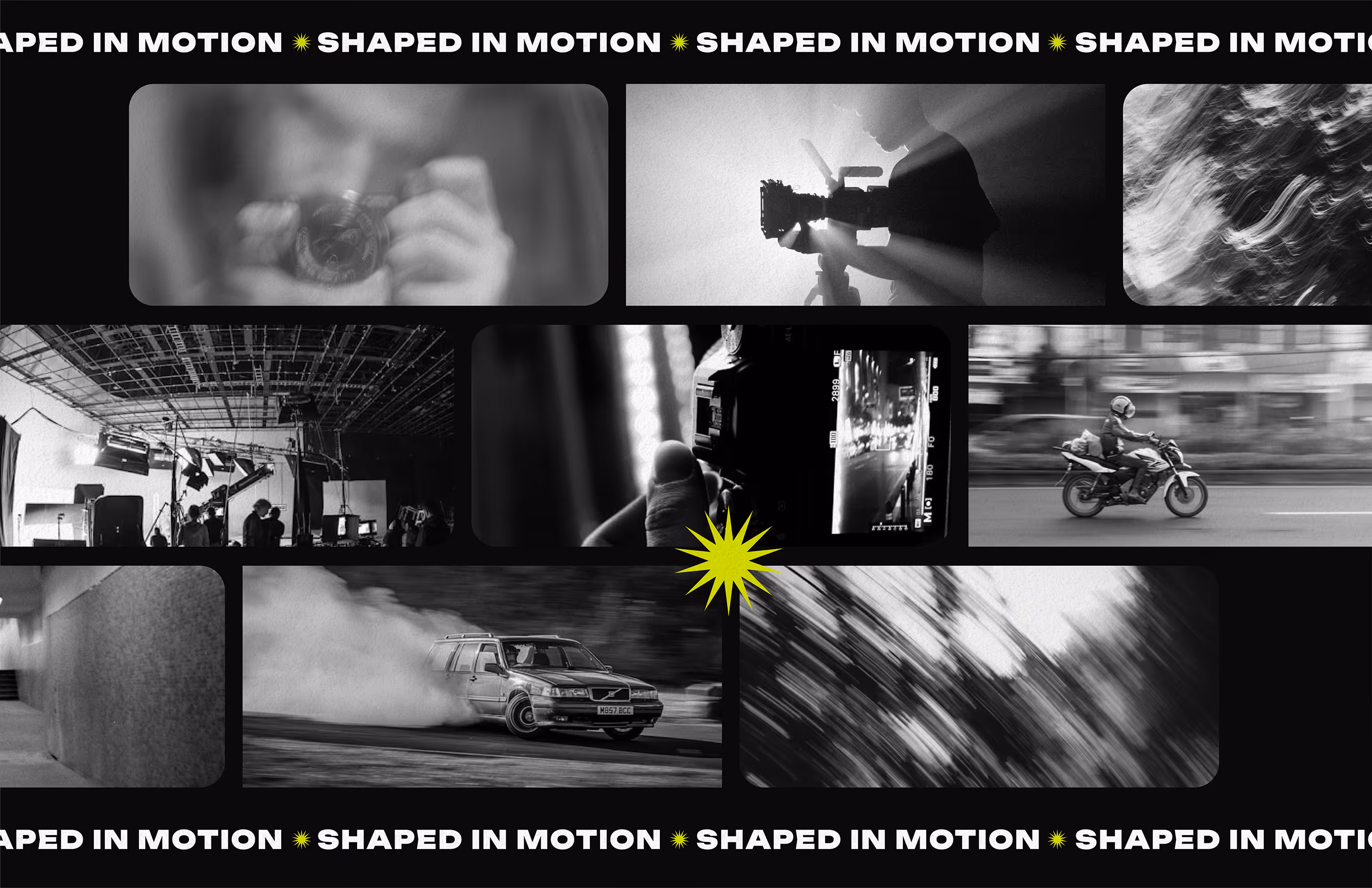 Black-and-white collage of motion-themed photos featuring cameras, vehicles, and motion blur effects.