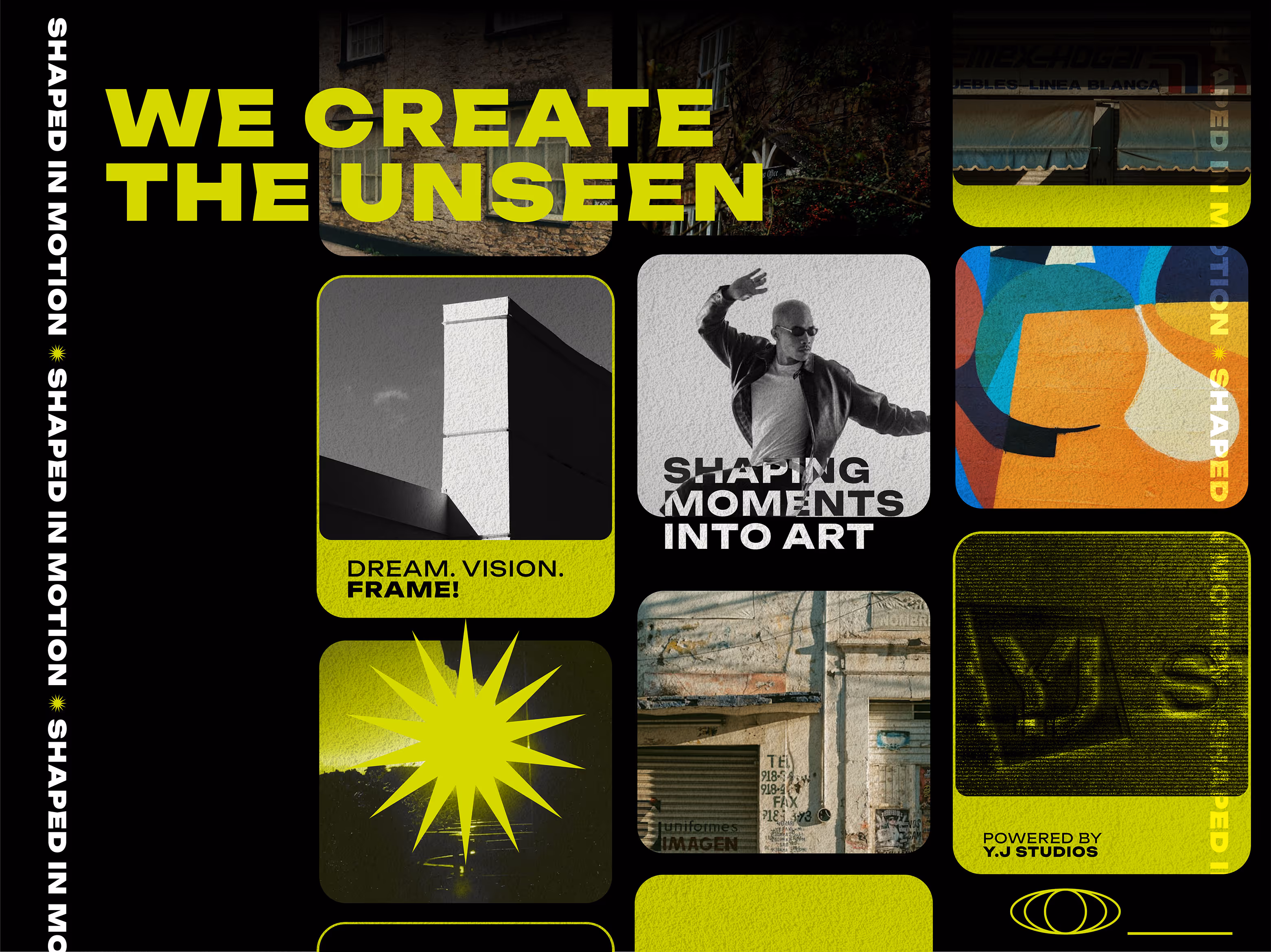Collage of images with bold text saying We Create The Unseen and Shaping Moments Into Art.