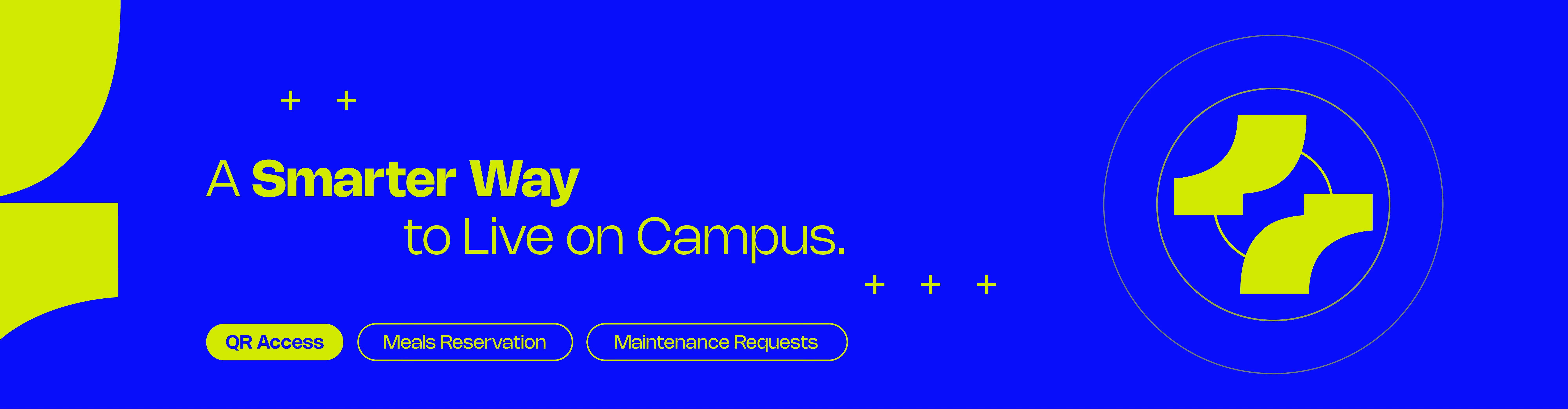 Blue background with text A Smarter Way to Live on Campus and buttons for QR Access, Meals, Maintenance.