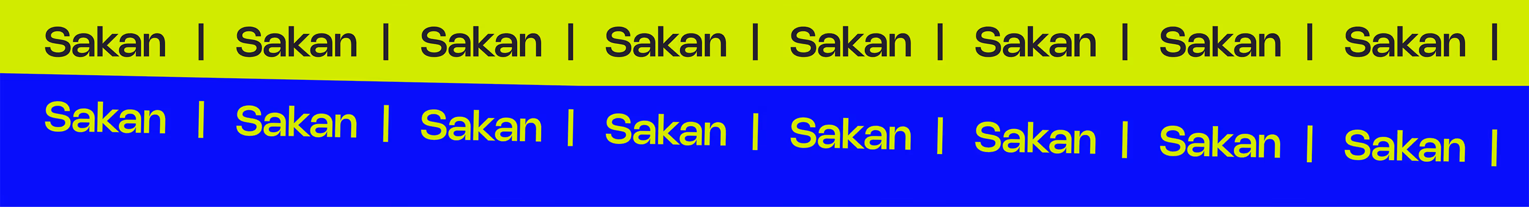 Text 'Sakan' repeated eight times with vertical bars on yellow and blue horizontal split background.