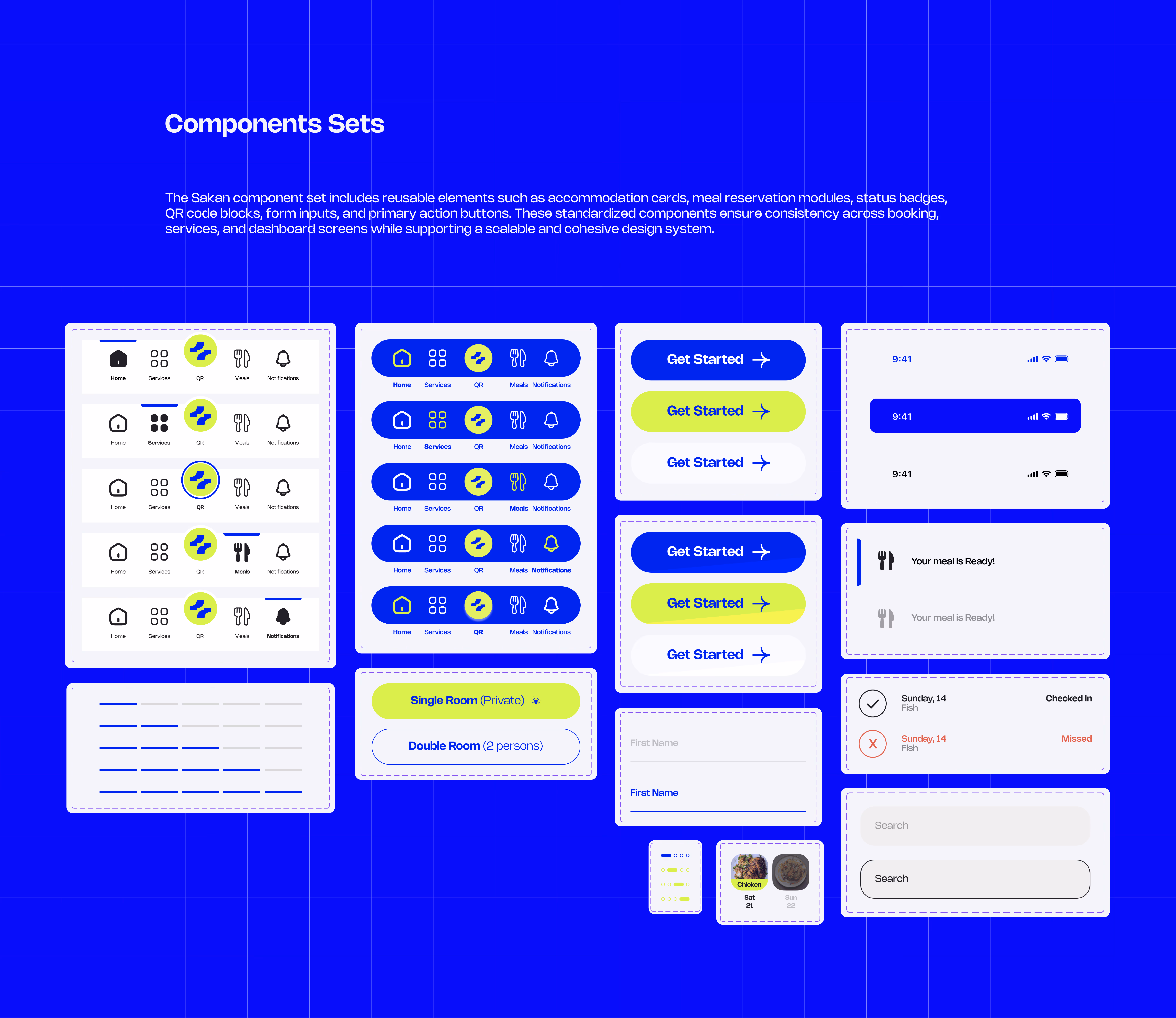 Collection of digital UI components including navigation bars, buttons, status badges, and form elements.