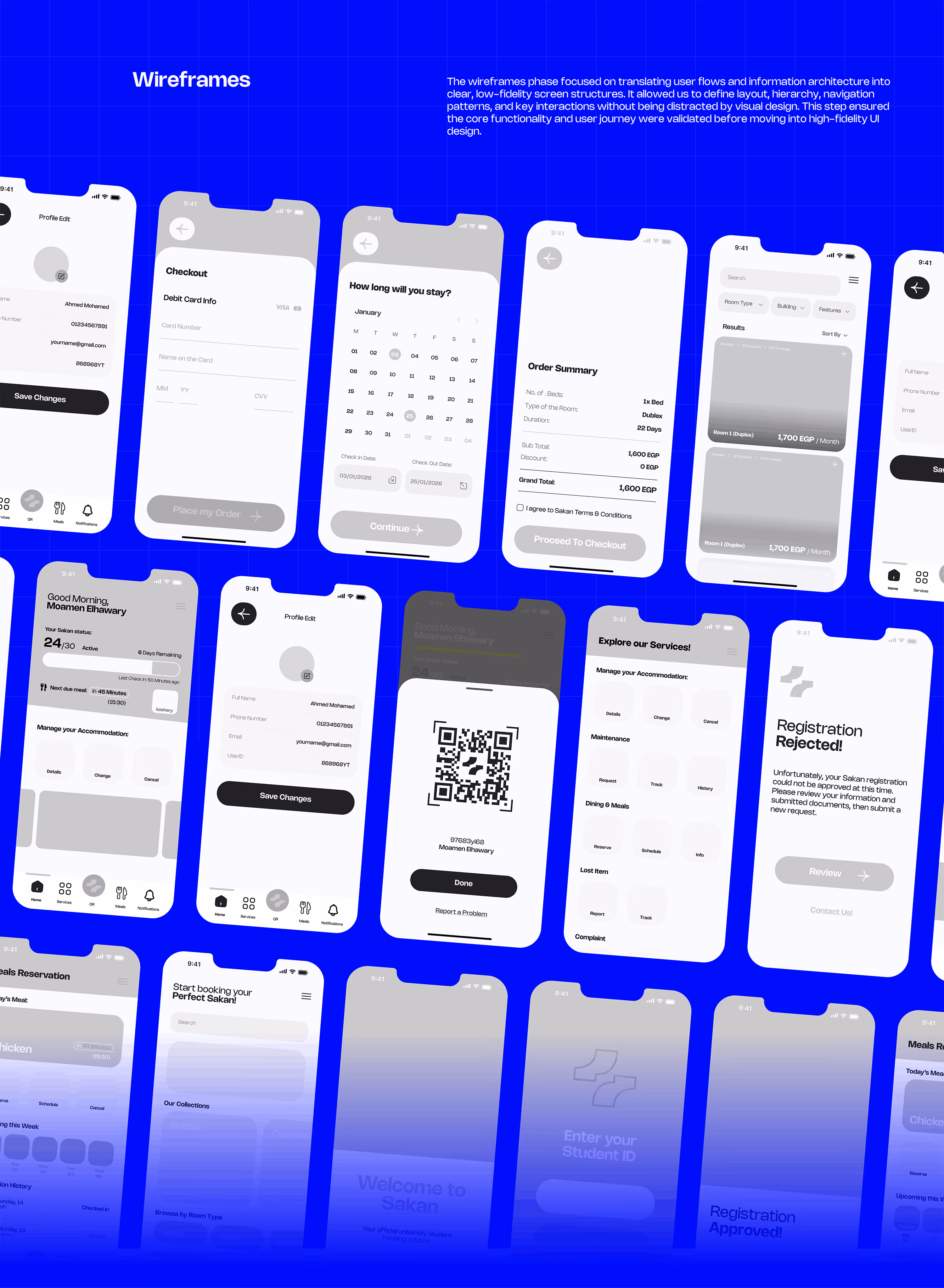 Multiple grayscale mobile app wireframe screens arranged in rows on a blue grid background.