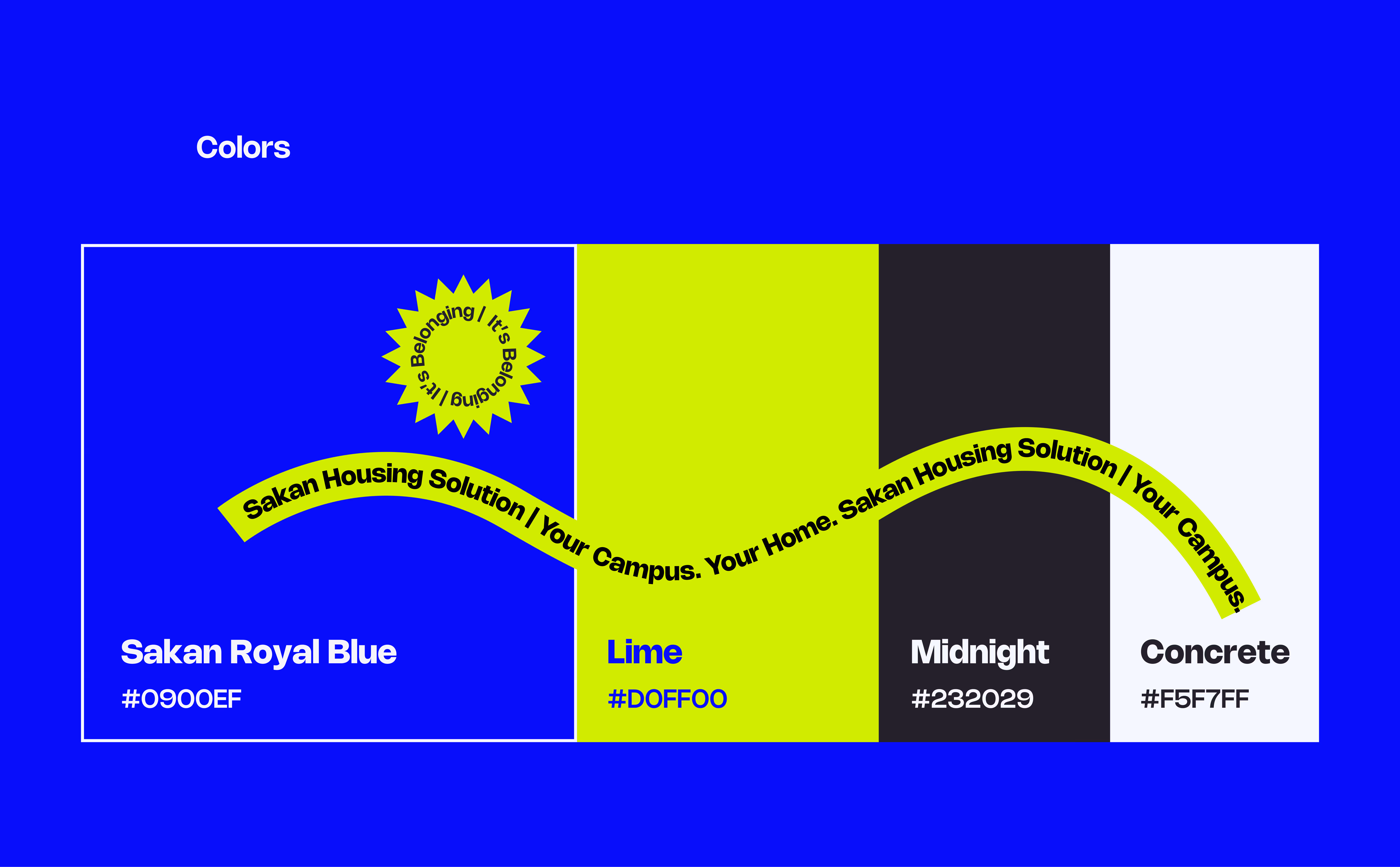 Four color swatches labeled Sakan Royal Blue, Lime, Midnight, Concrete with hex codes on a blue background.