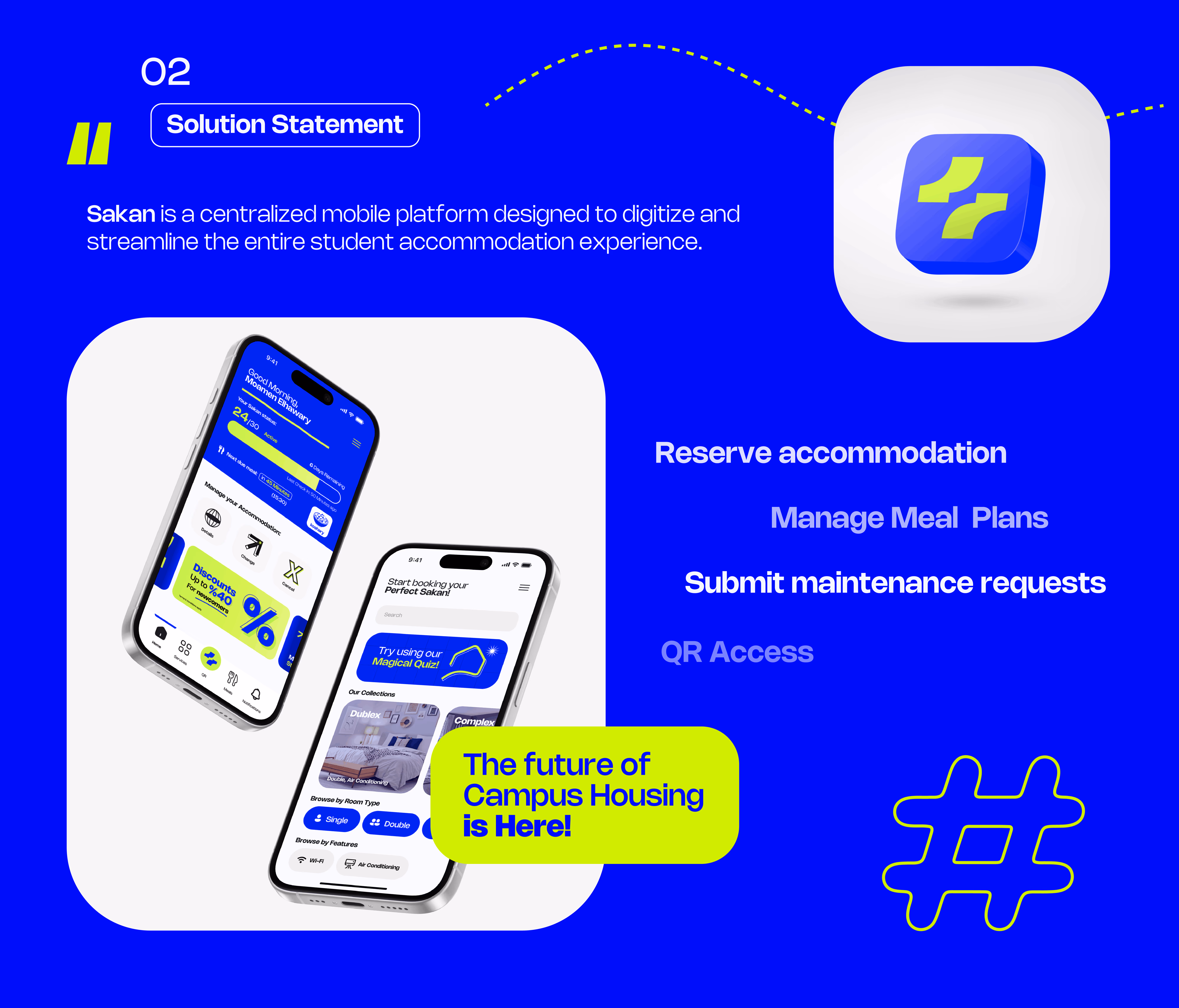 Two smartphones display a student housing app interface with booking and discount features.