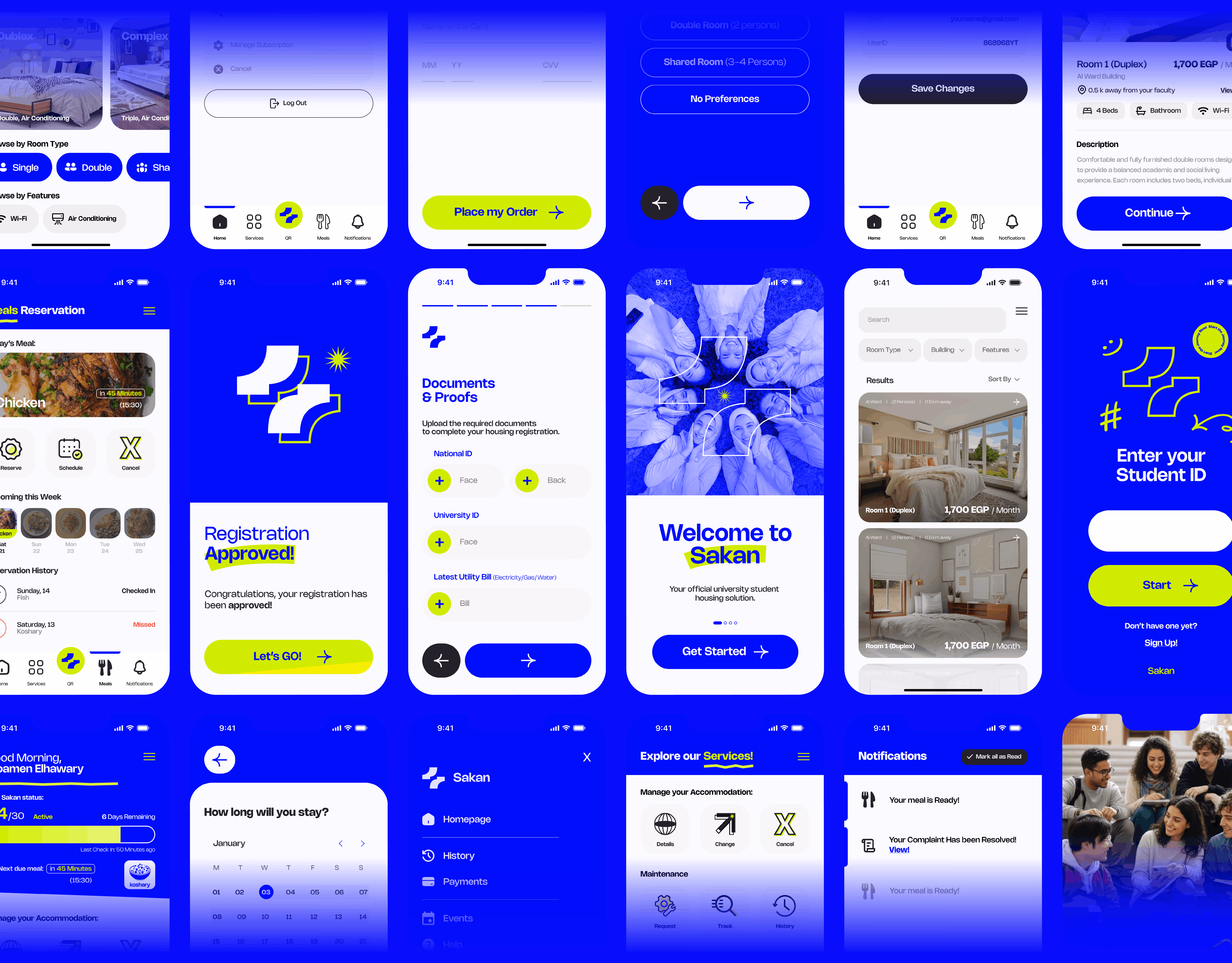 Grid of smartphone screens showing a student housing app with room selection, registration, documents, and notifications.