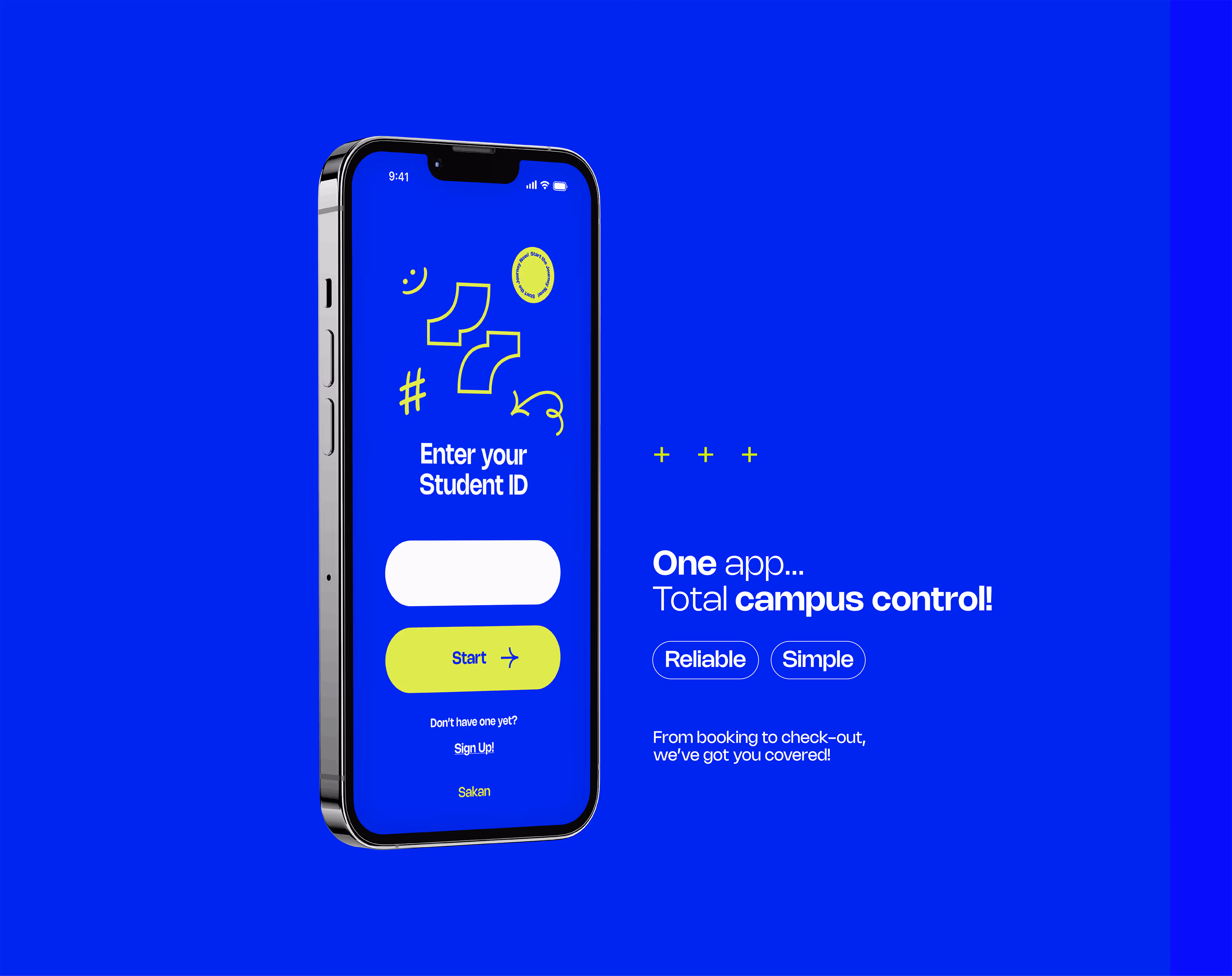 Smartphone screen shows app prompt to enter student ID with a start button on blue background.