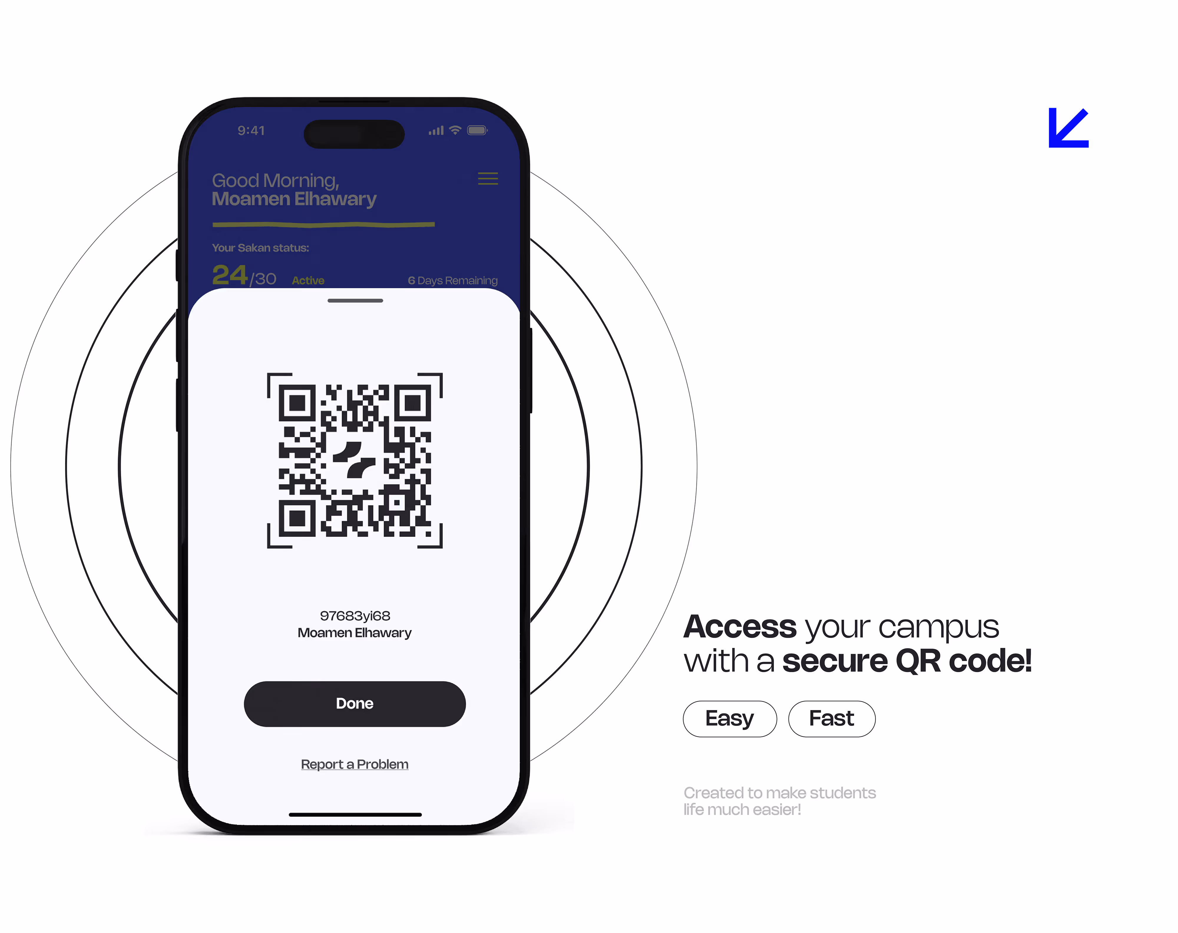 Smartphone showing a QR code for Moamen Elhawary to access campus easily and securely.