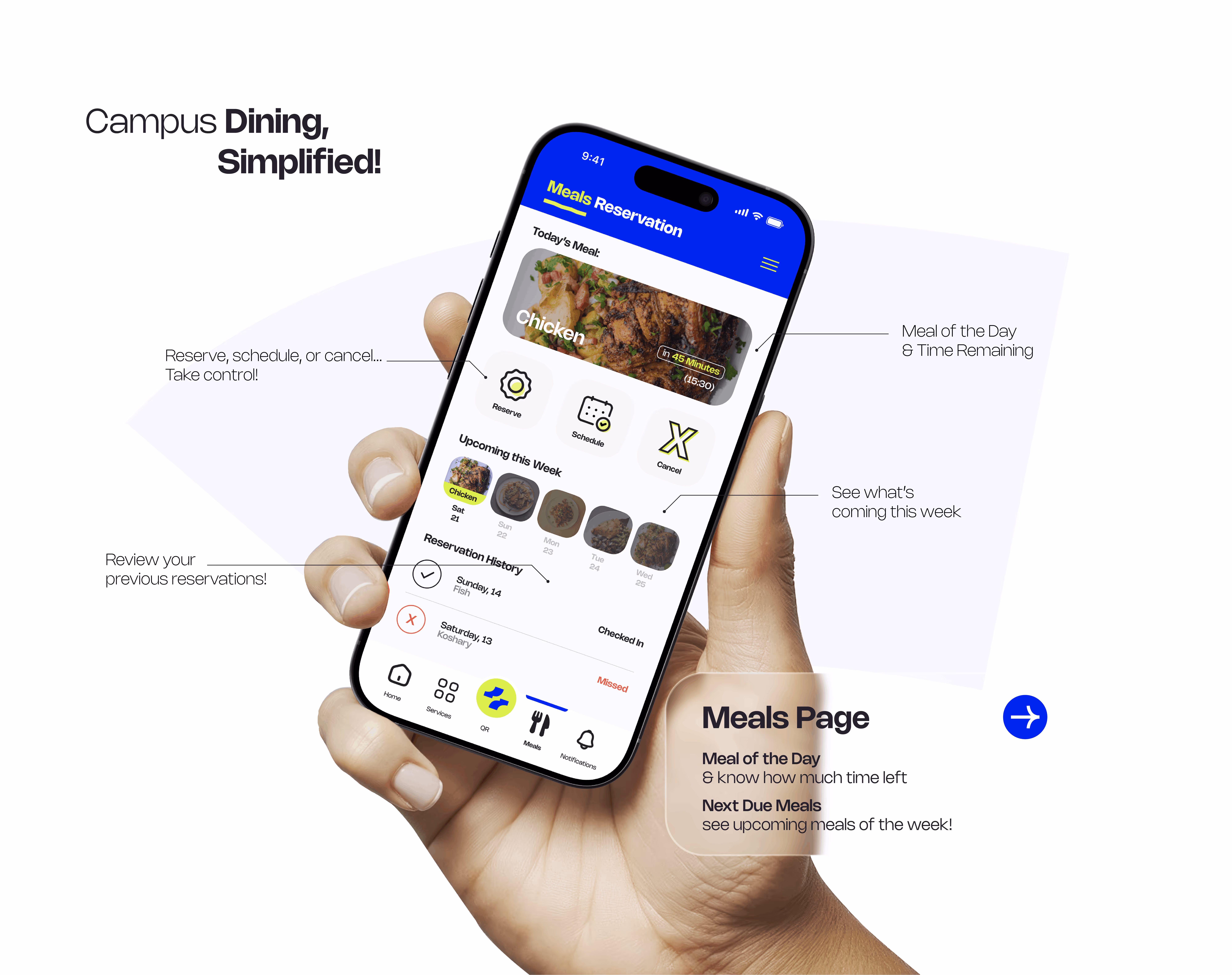 Hand holding phone showing campus dining app with meal reservation and schedule options.
