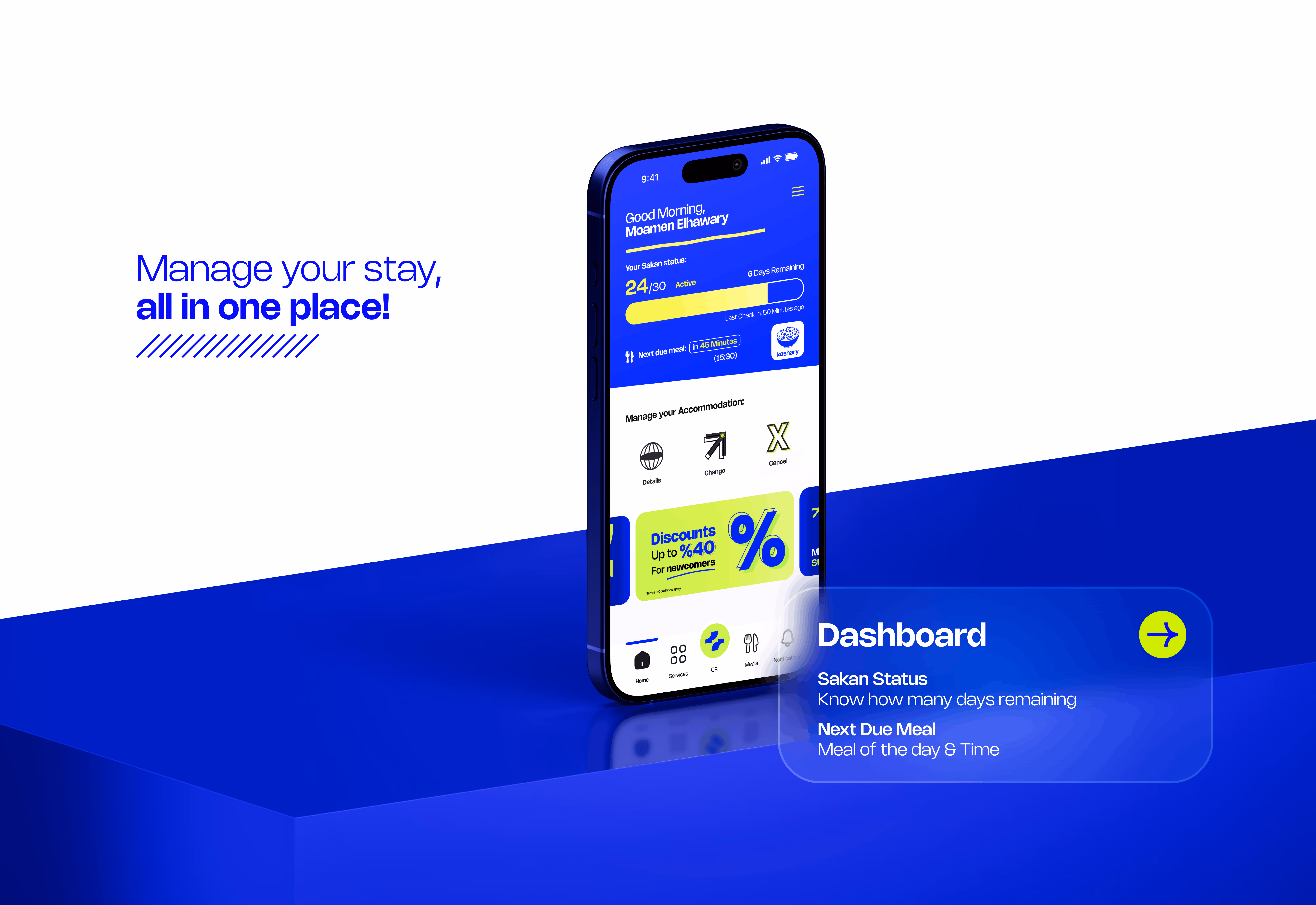 Smartphone displaying a stay management app dashboard with status, next meal, and discounts info.