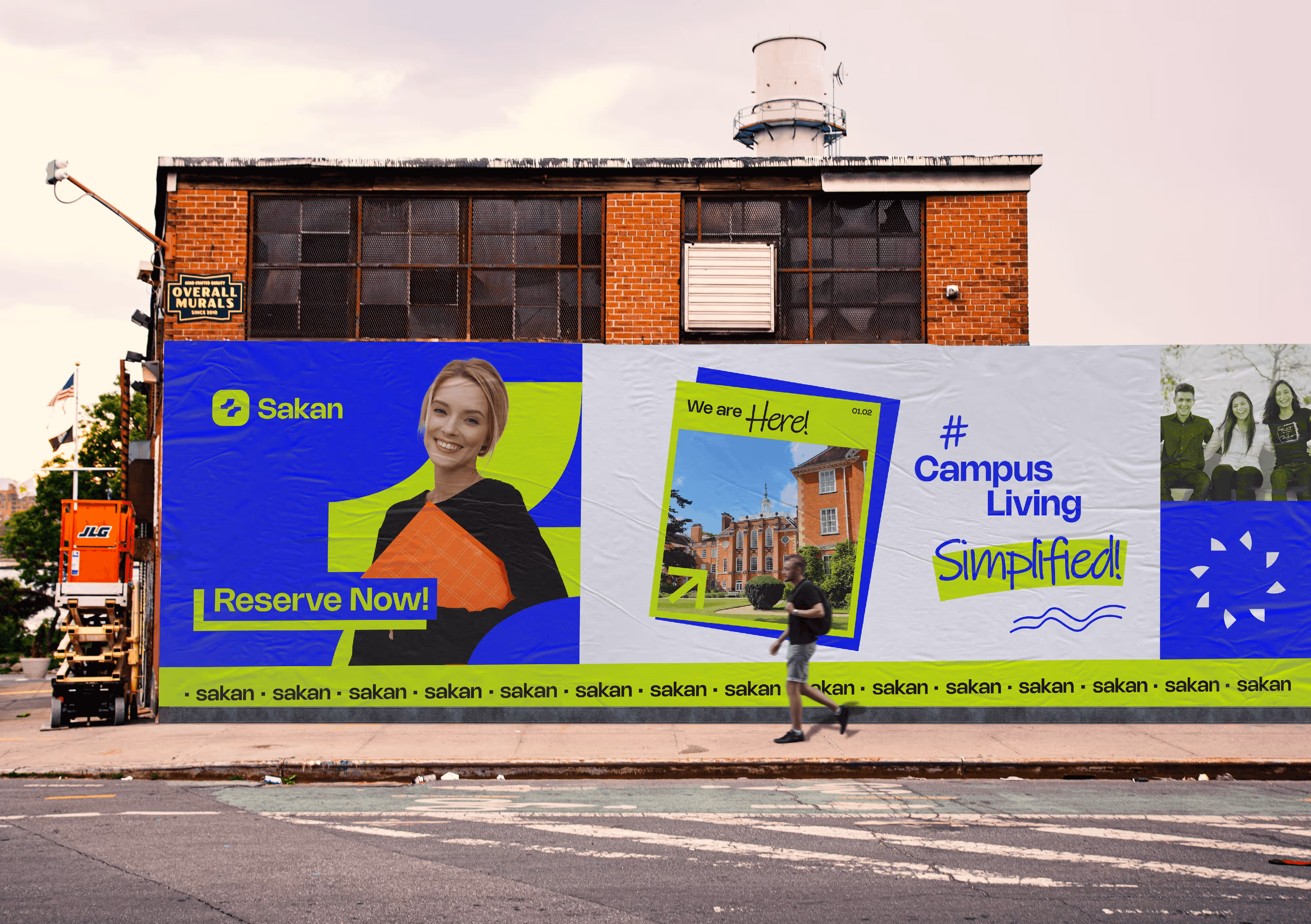 Large outdoor mural ad with a smiling woman, campus image, and text 'Campus Living Simplified!'