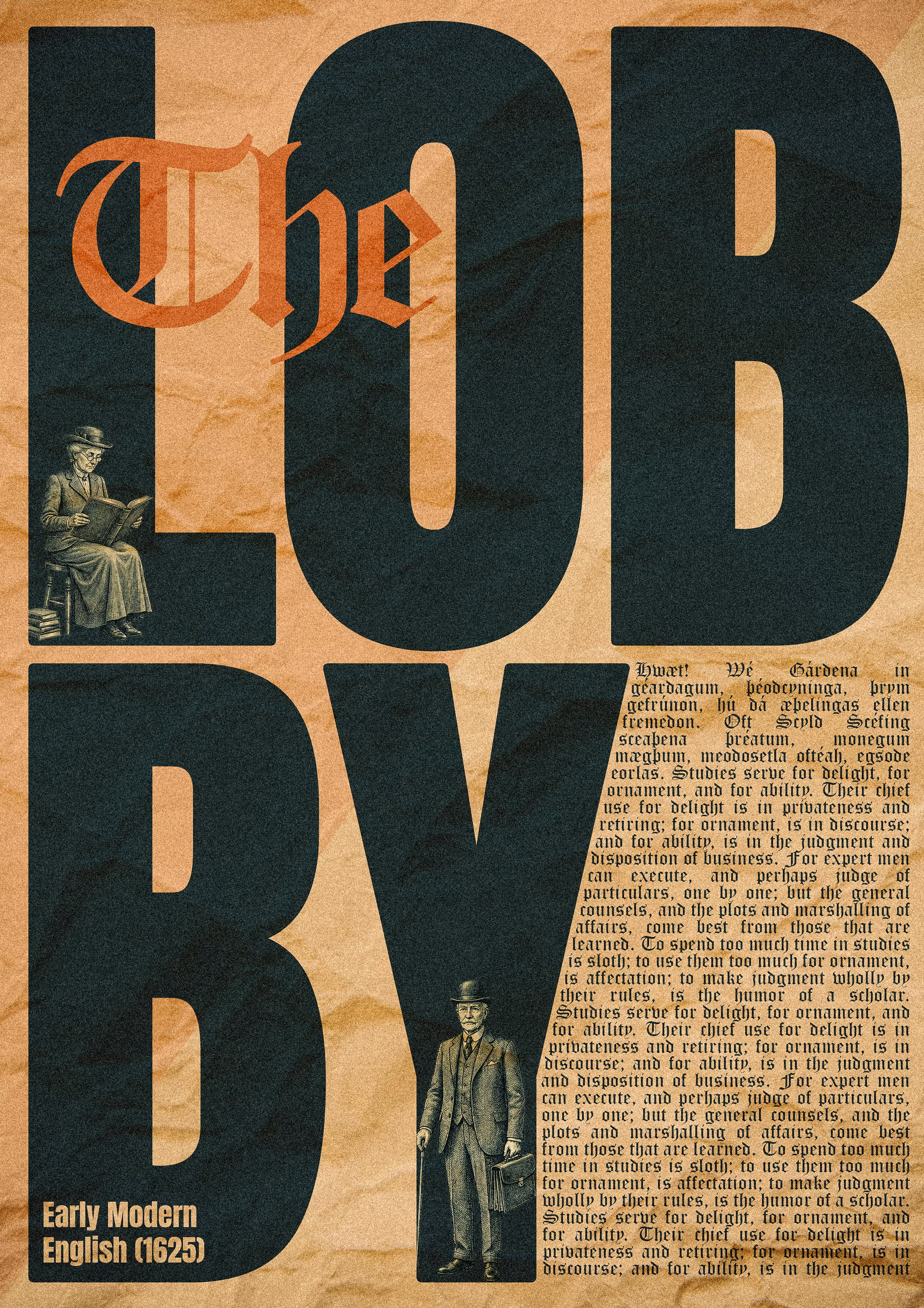 Vintage poster with large LOBBY text, vintage characters, and Early Modern English text from 1625.