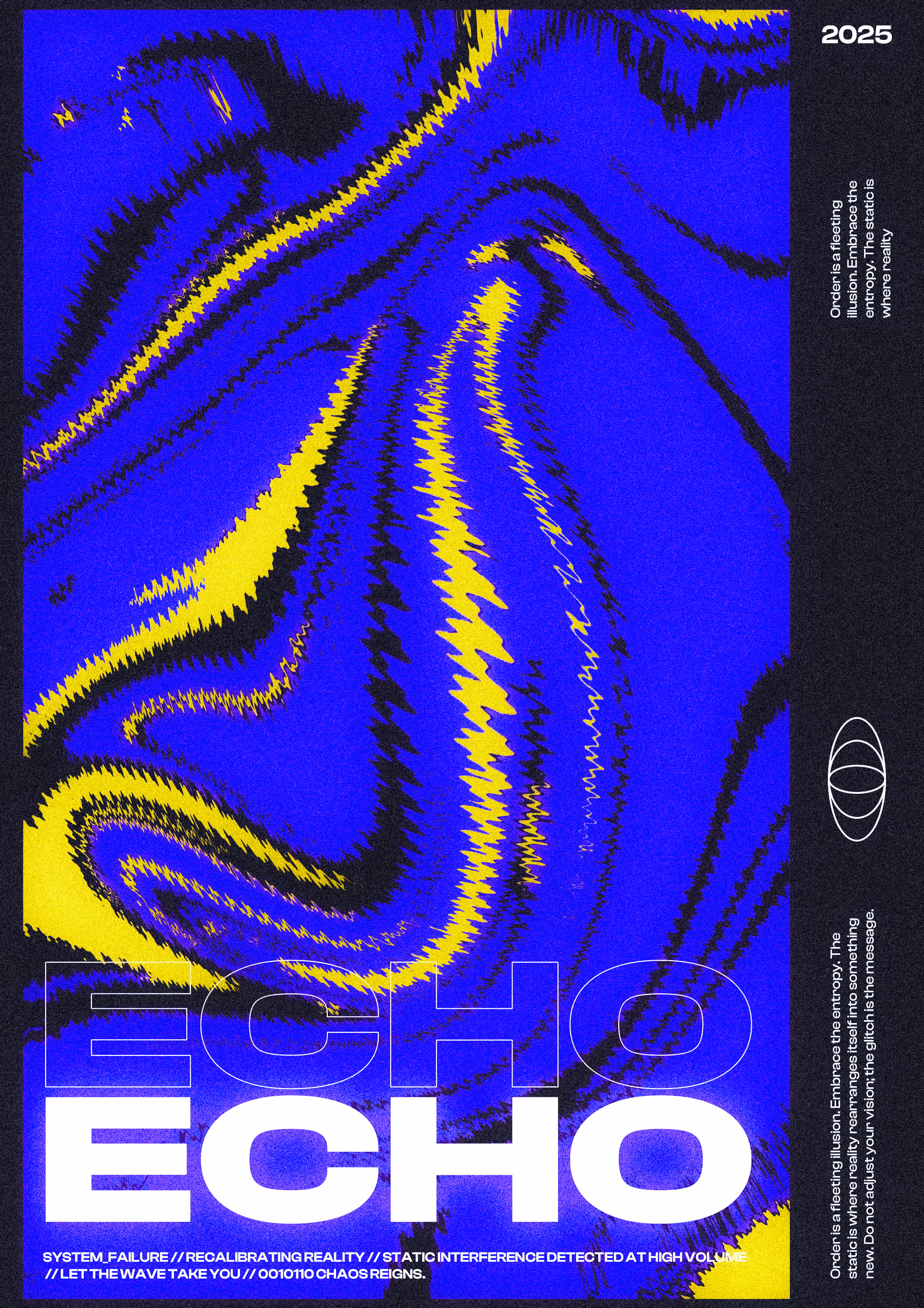Blue, yellow, and black abstract static waves with bold text 'ECHO' and sci-fi style design.