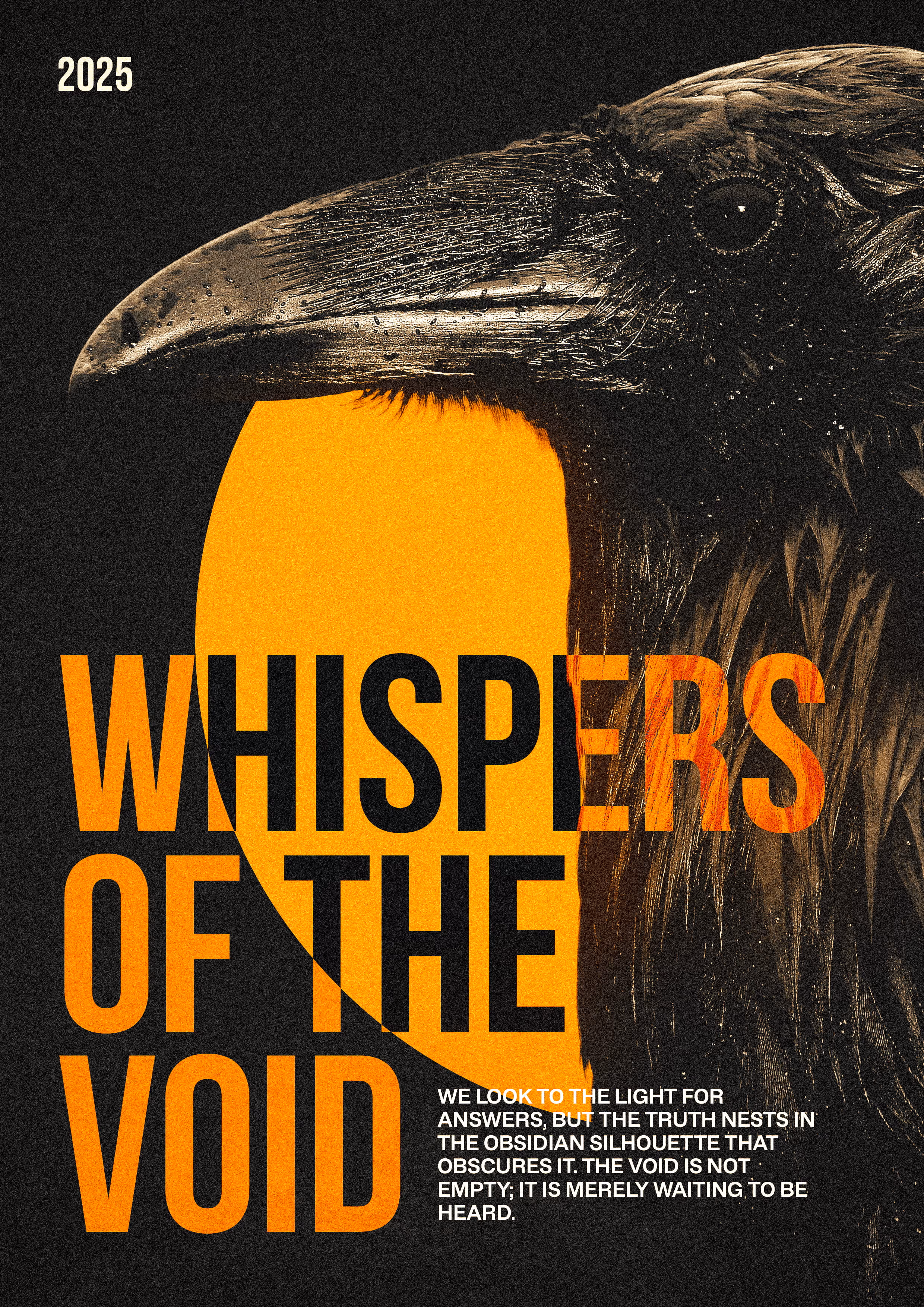 Close-up of a raven's head in front of an orange circle with text 'Whispers of the Void' and a quote.