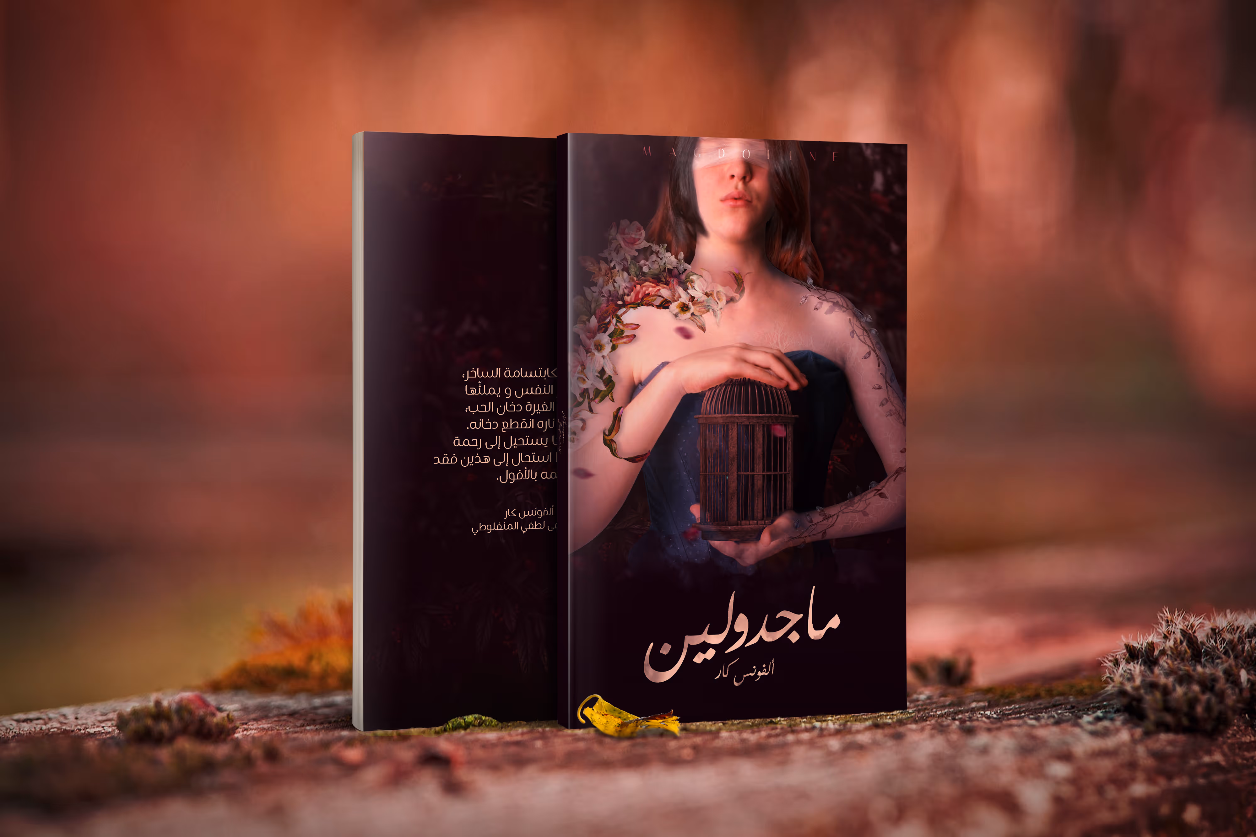 Book cover with a woman holding a small birdcage, flowers on her shoulder, and Arabic text.