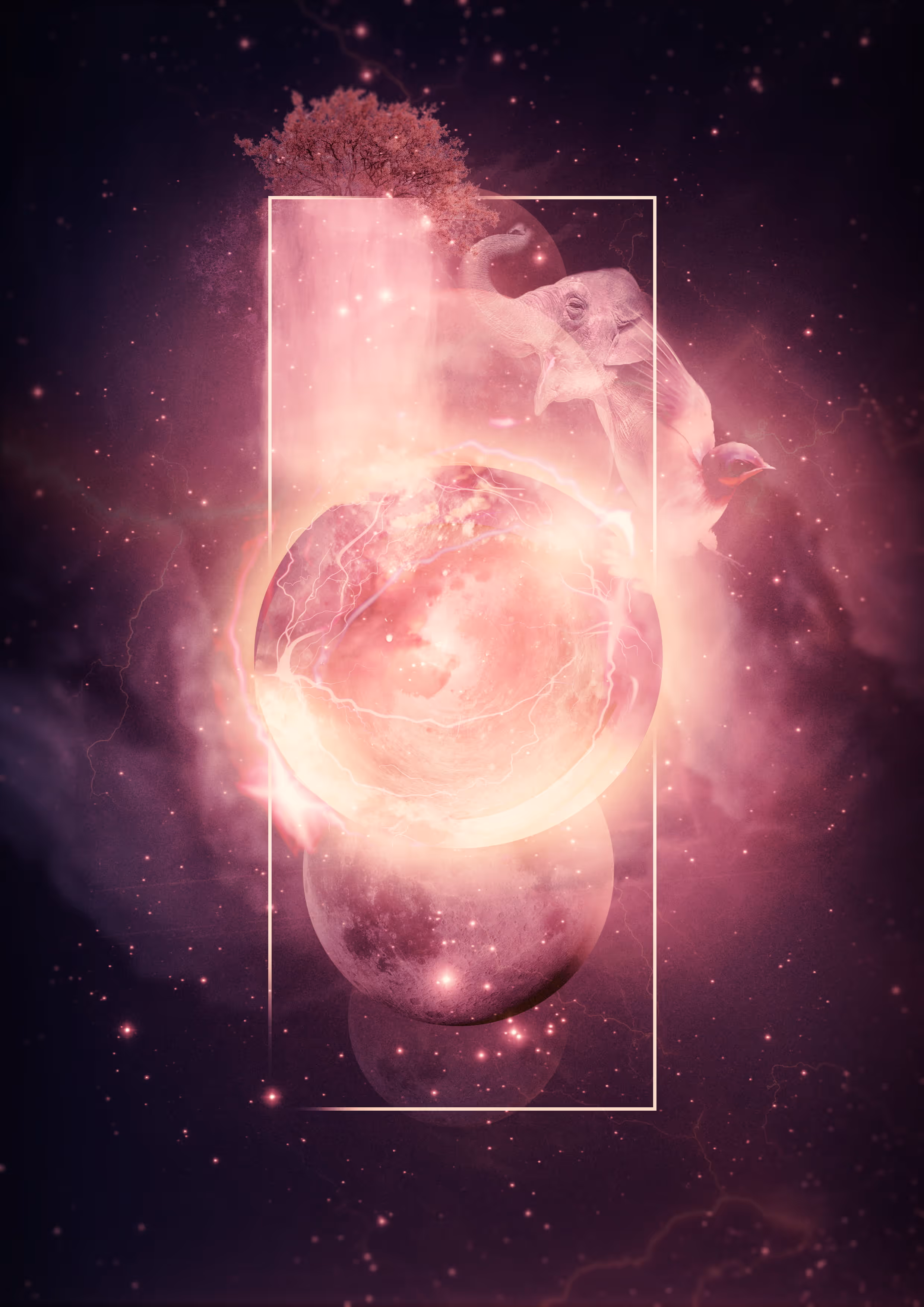 Surreal glowing pink cosmic scene with an elephant, bird, tree, and planets inside a rectangular frame.