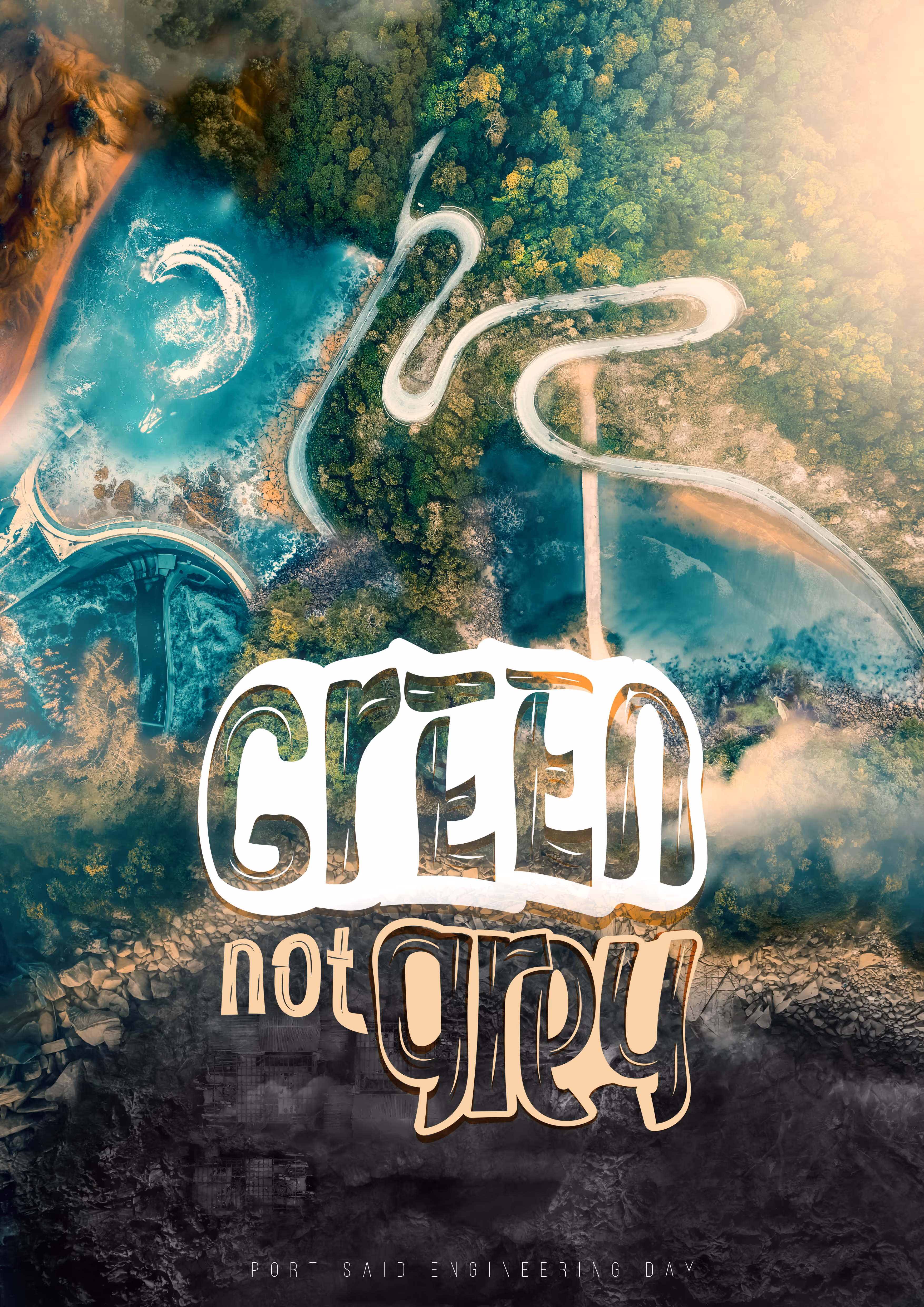Aerial view of winding road through green forest by turquoise water and rocky terrain with text green not gray.