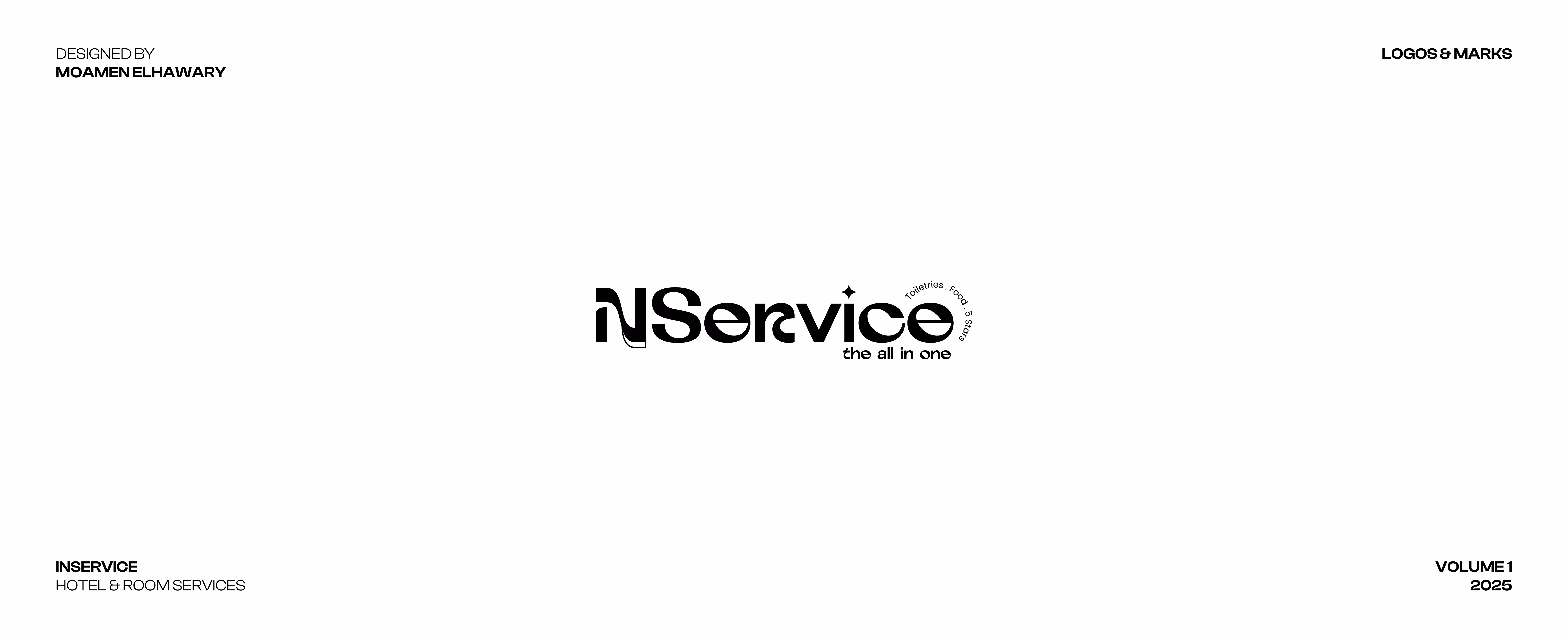 Black and white logo for NSERVICE with tagline the all in one and words Toiletries, Food, 5 Stars.