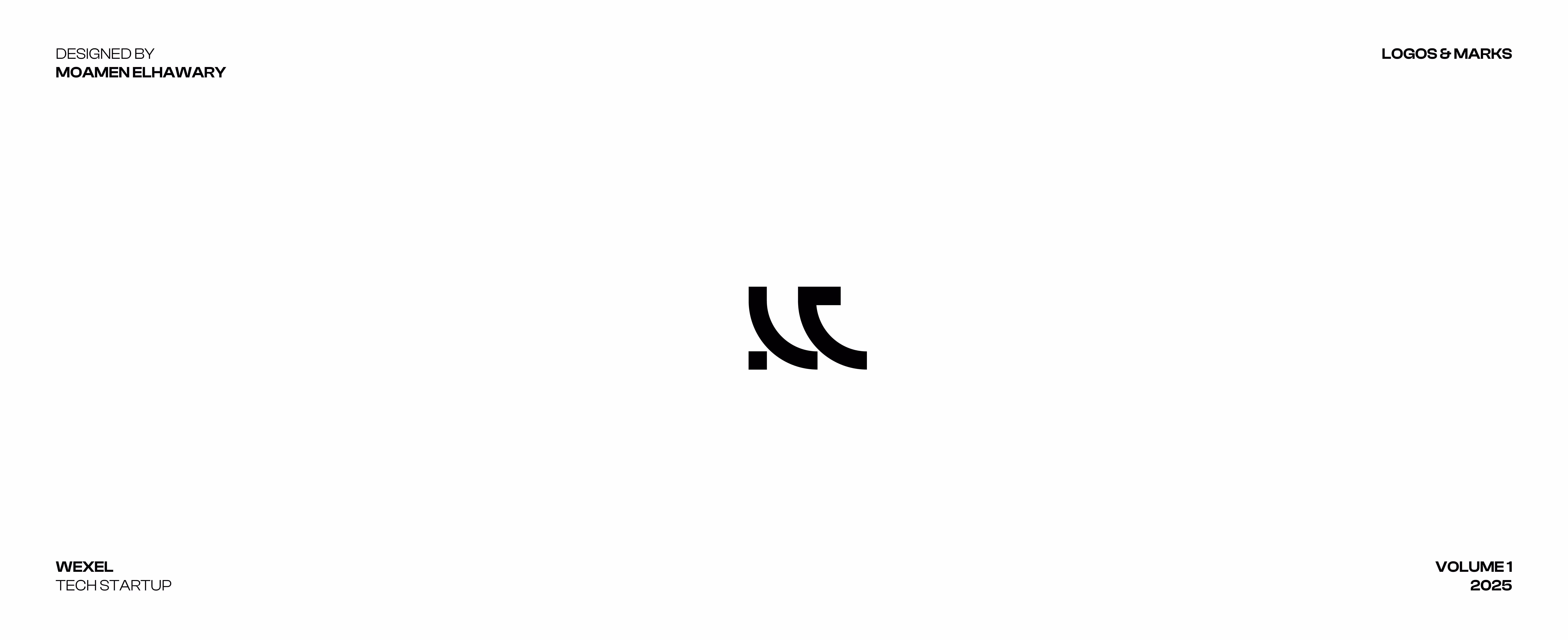 Minimalist black abstract logo mark centered on a white background with text credits around edges.