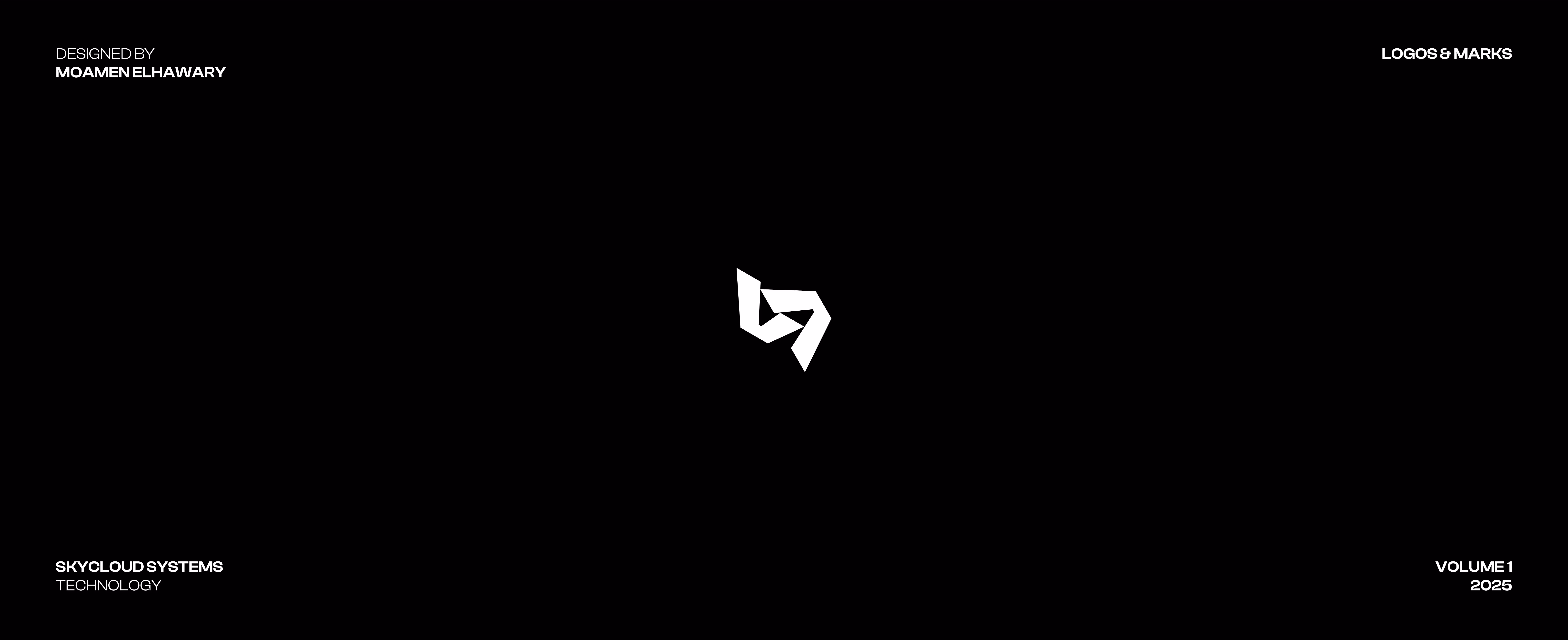 White abstract logo mark resembling interlocking angular shapes on black background.