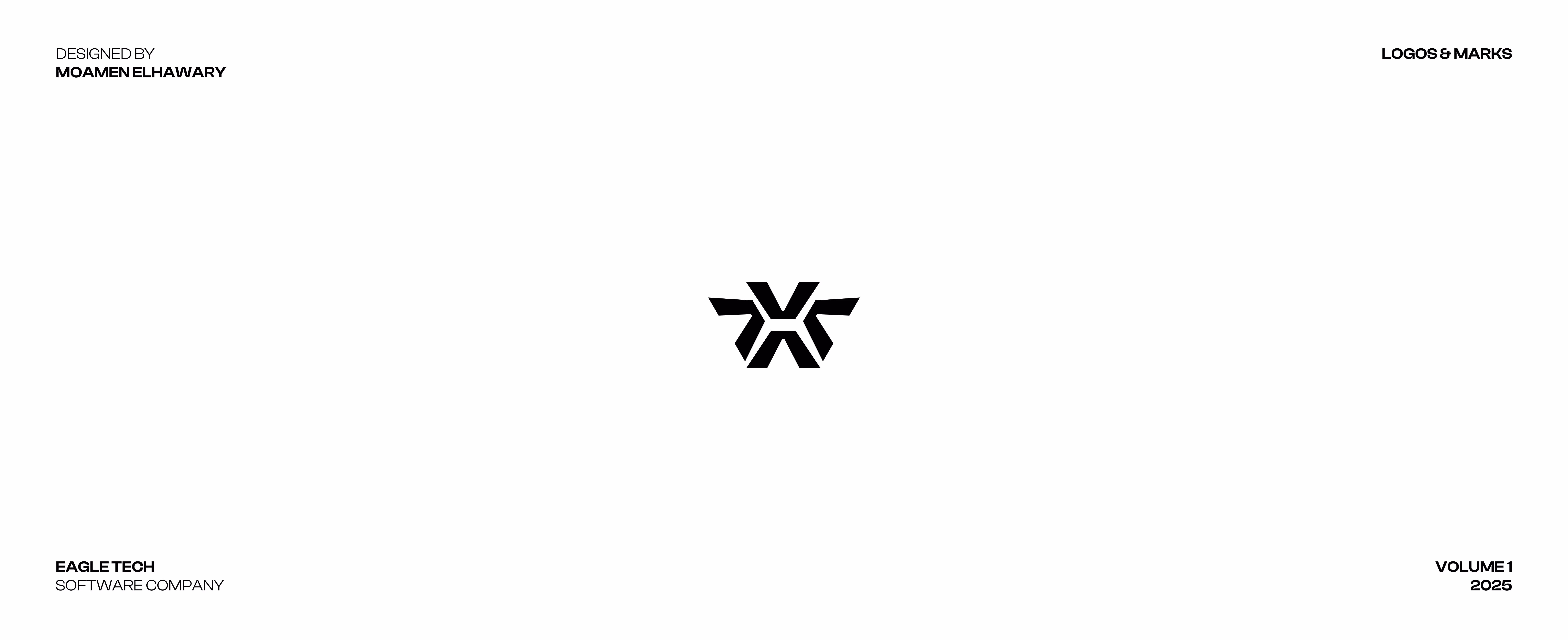 Black geometric logo in center resembling an abstract eagle with outstretched wings.