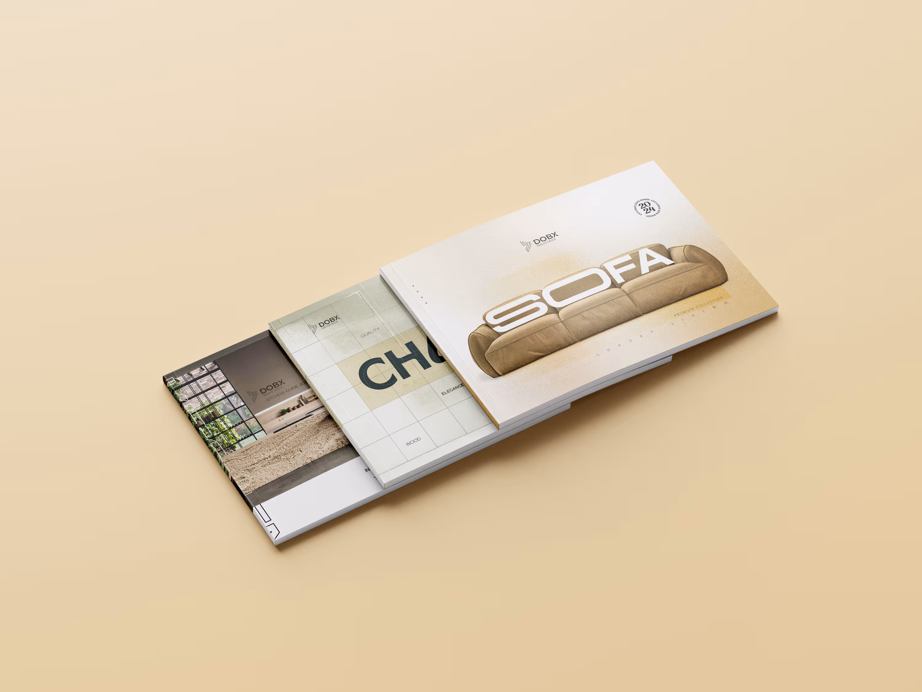 Stack of three landscape brochures with designs featuring a sofa, chair, and interior decor.