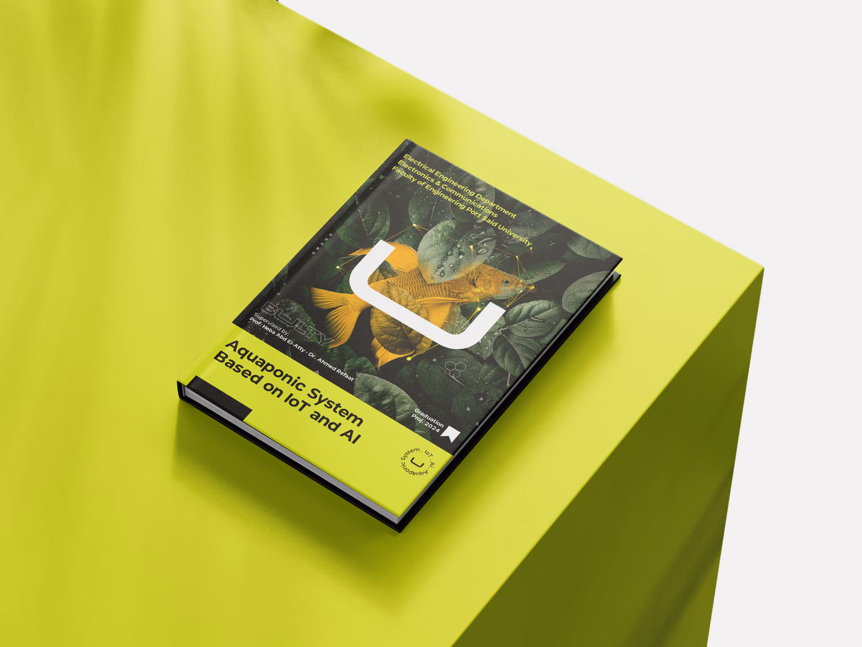 Book titled 'Aquaponic System Based on IoT and AI' with a fish and leaves on the cover.