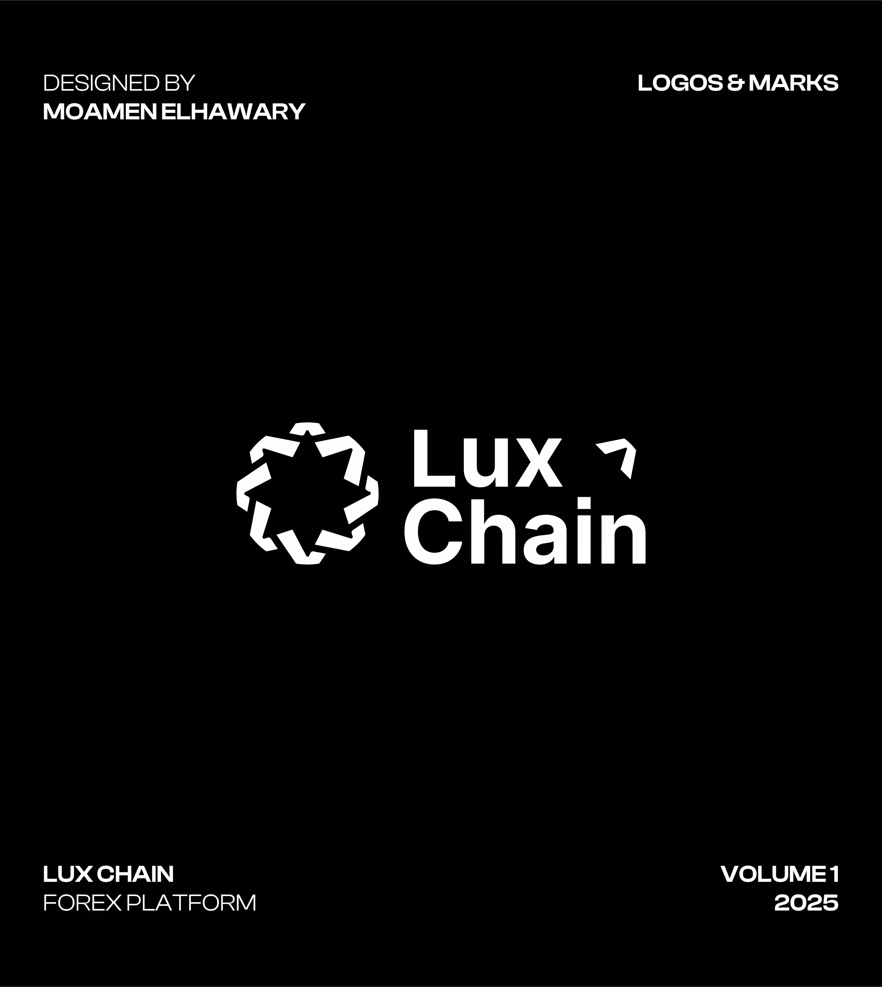Lux Chain logo with geometric icon and text on black background referencing forex platform and 2025.