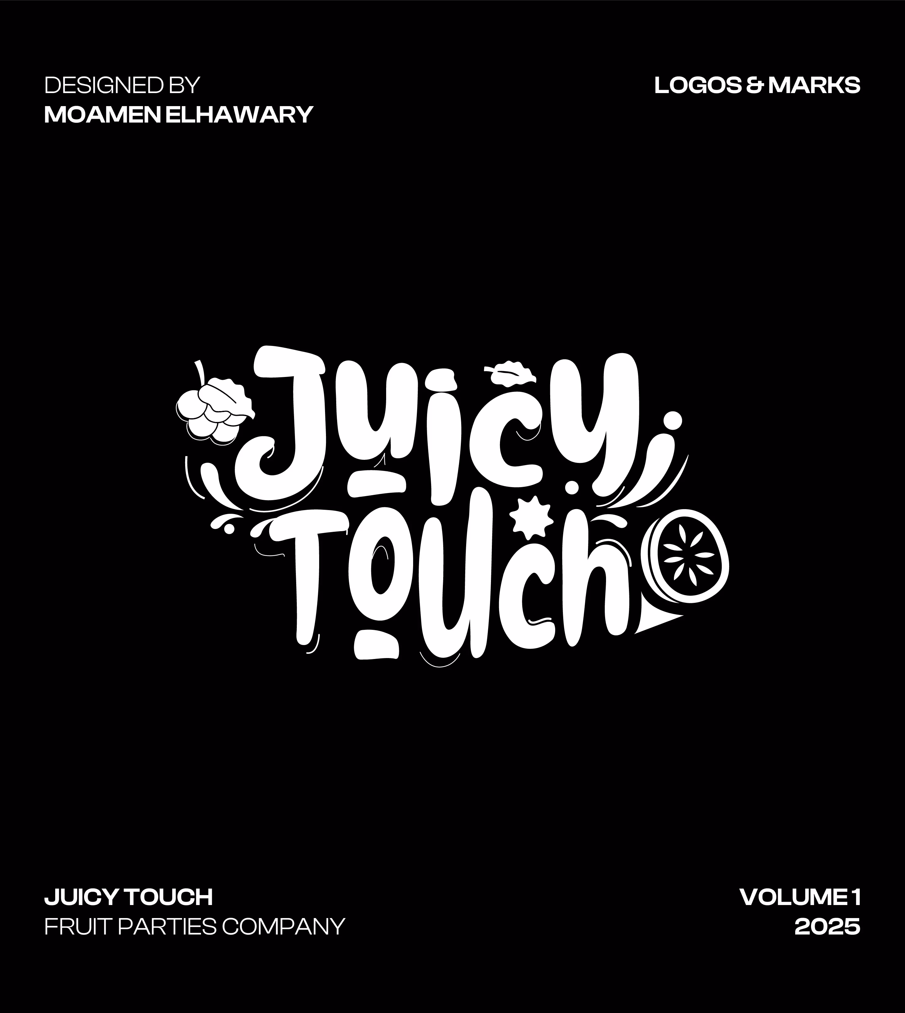 White artistic 'Juicy Touch' logo with fruit accents on a black background.