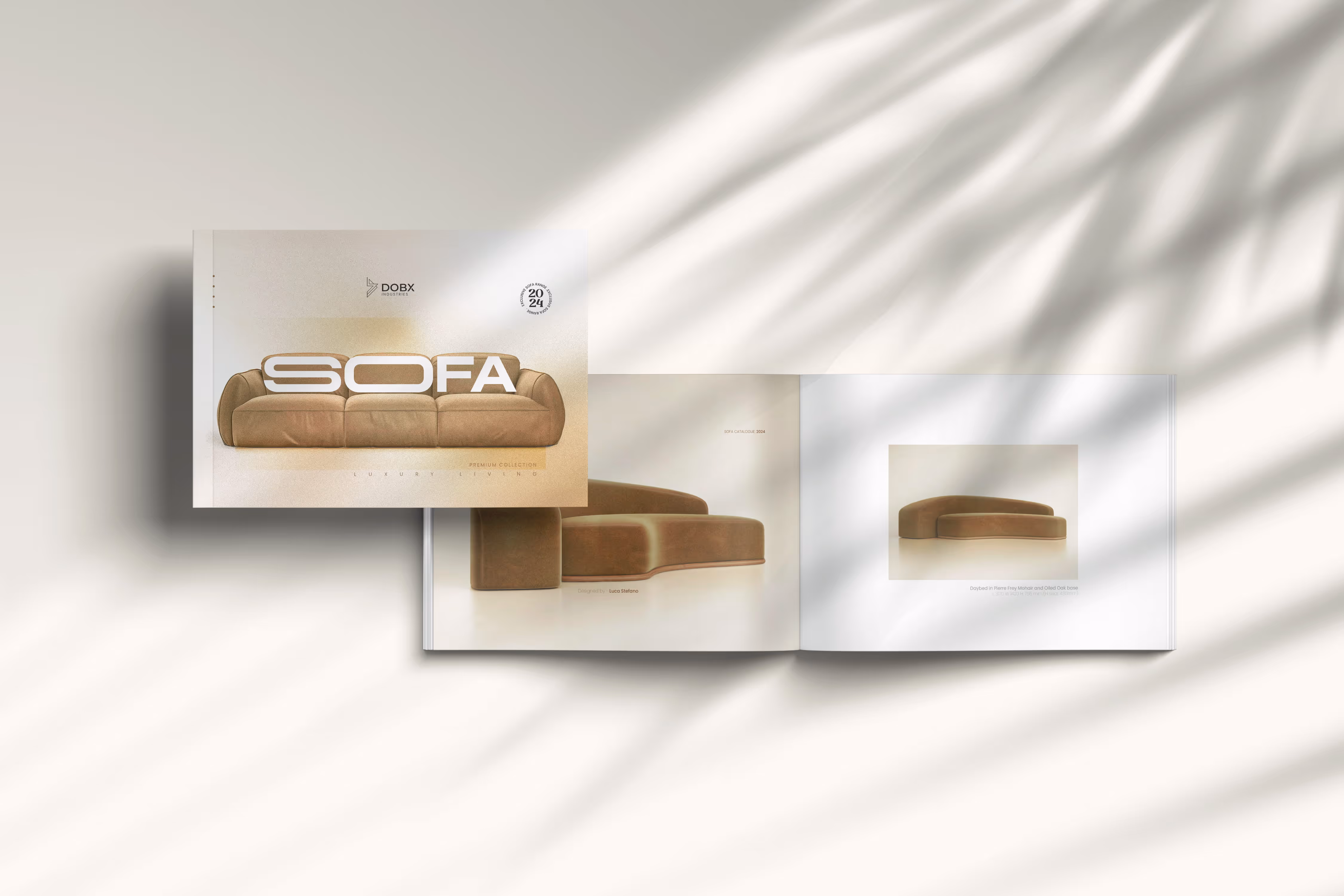 Open catalog showing images of modern brown sofa designs with soft shadows on a light surface.