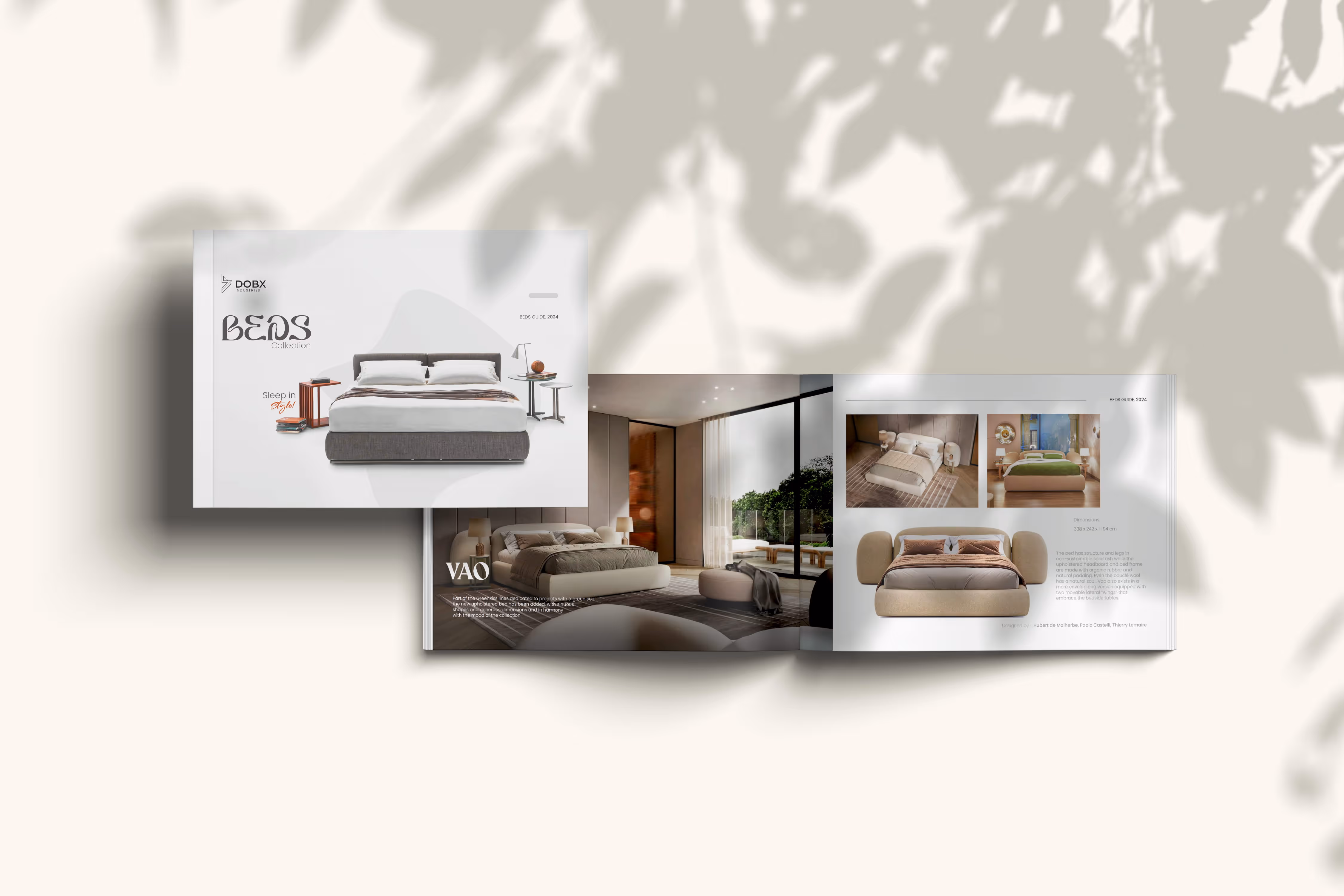Open catalog showing modern bed designs with natural light and shadow patterns on a light background.