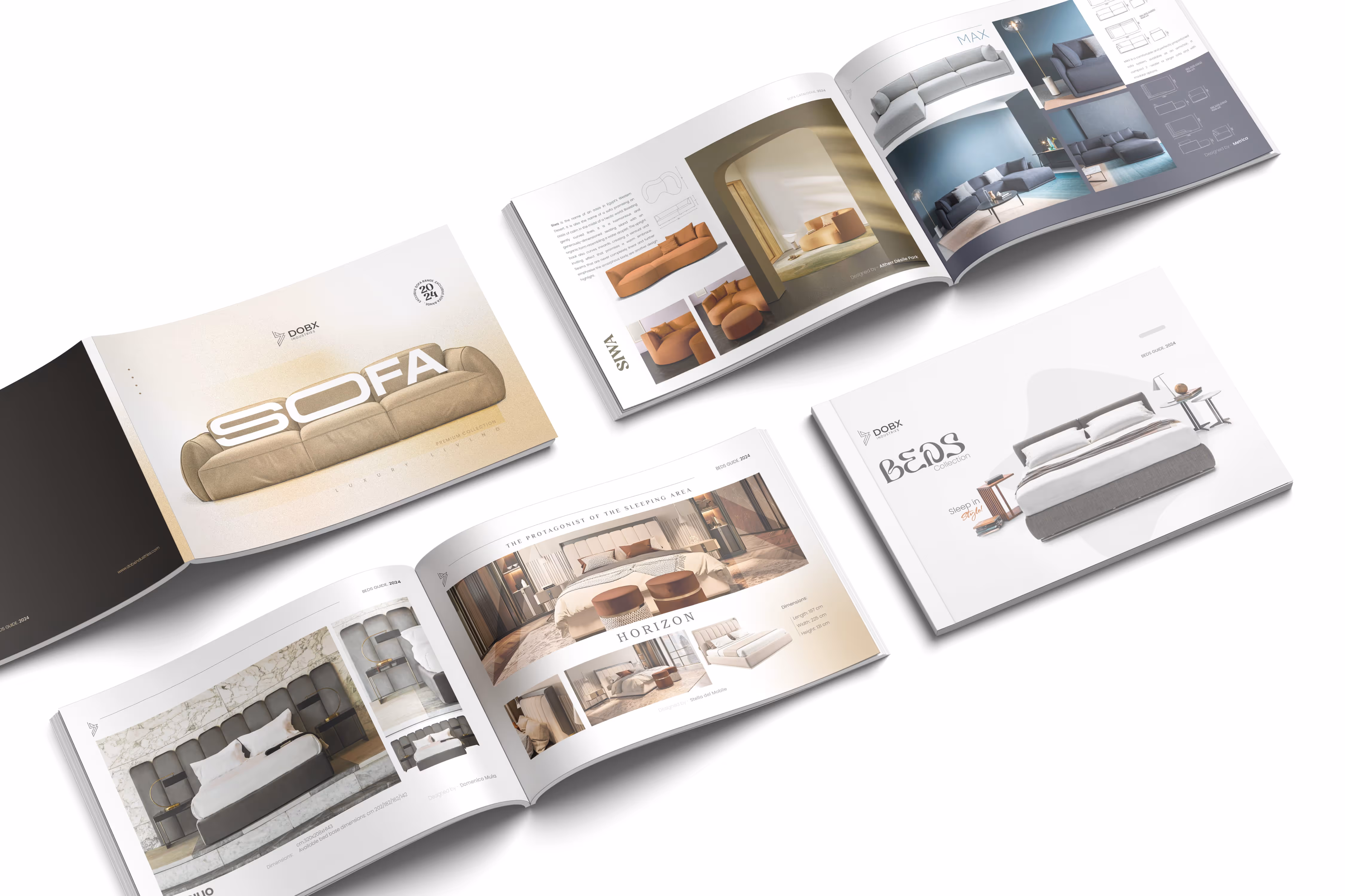 Open catalogues displaying modern furniture designs including sofas and beds in varied styles and colors.