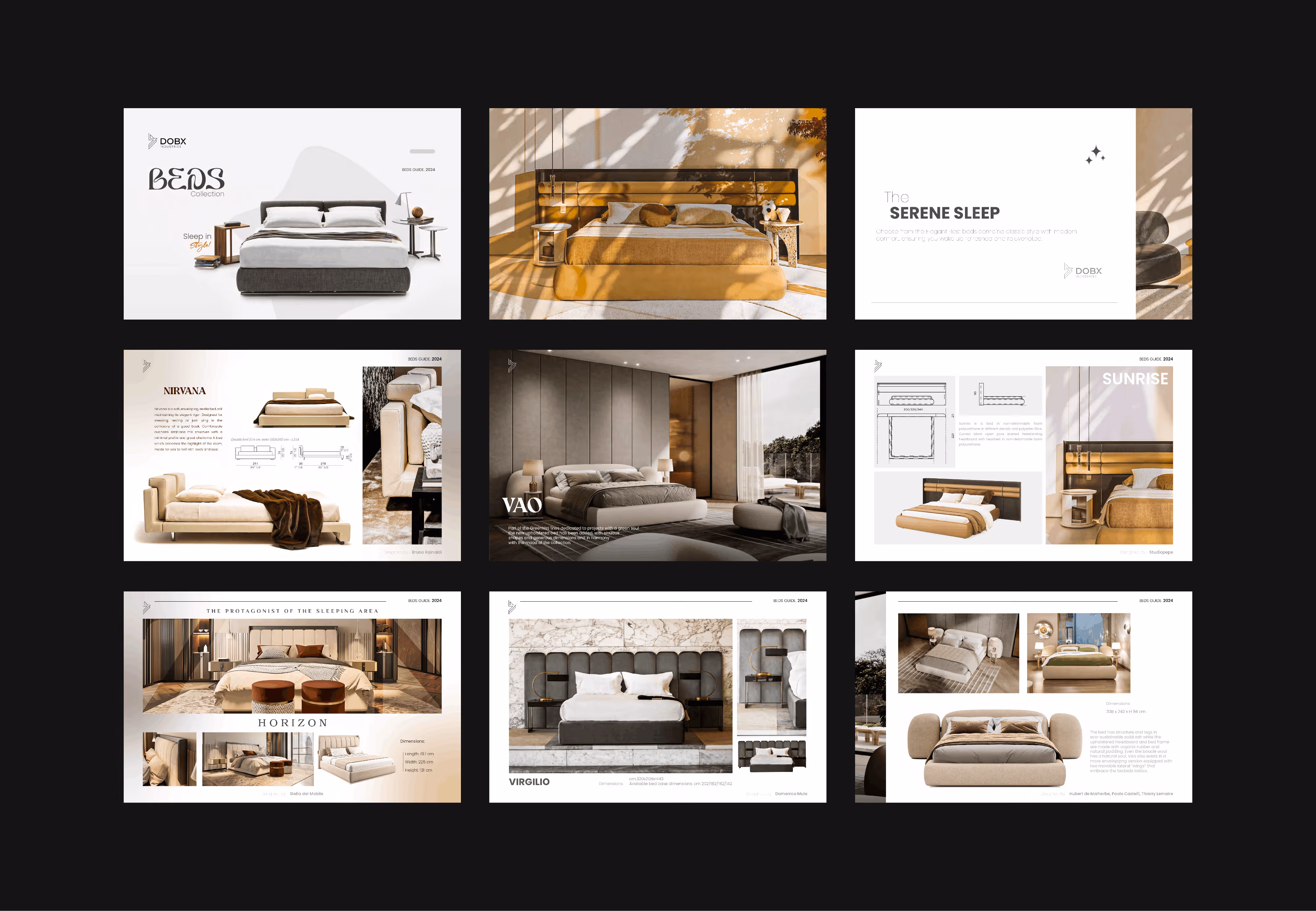 Layout of 9 modern bedroom and bed design brochure pages with images, text, and dimensions.